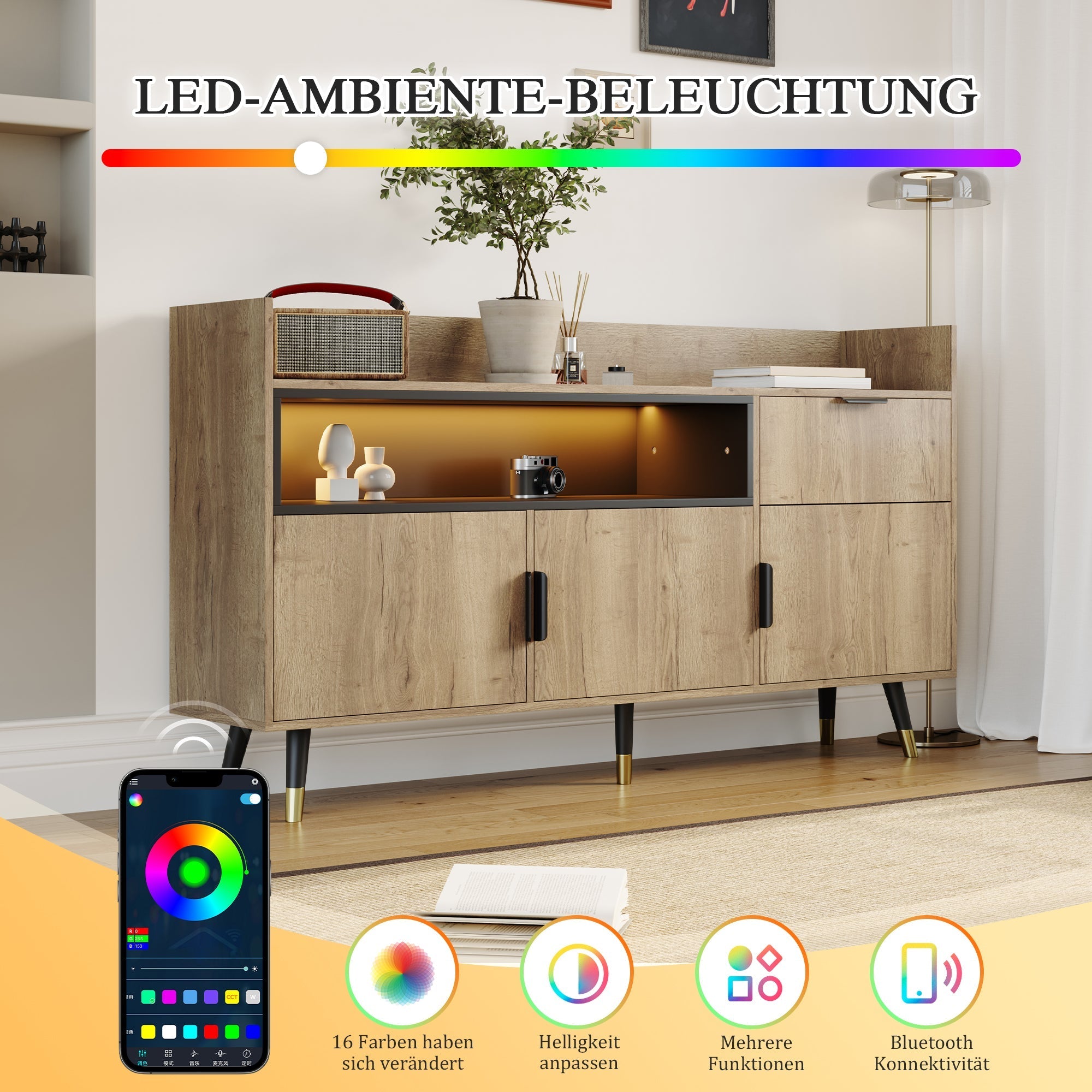 Modern Minimalist Sideboard with Open Shelves, Drawers and Swing Doors, Wood and Metal