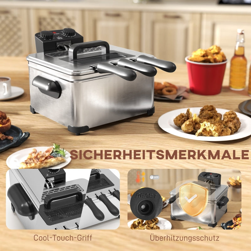 Fritteuse, 5 l, einstellbare Temperatur und Timer, Edelstahl Silber