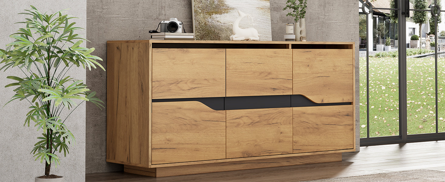 Sideboard Cabinet 3 Doors Adjustable Dividers Handleless 140x40x70cm Wood Color + Black