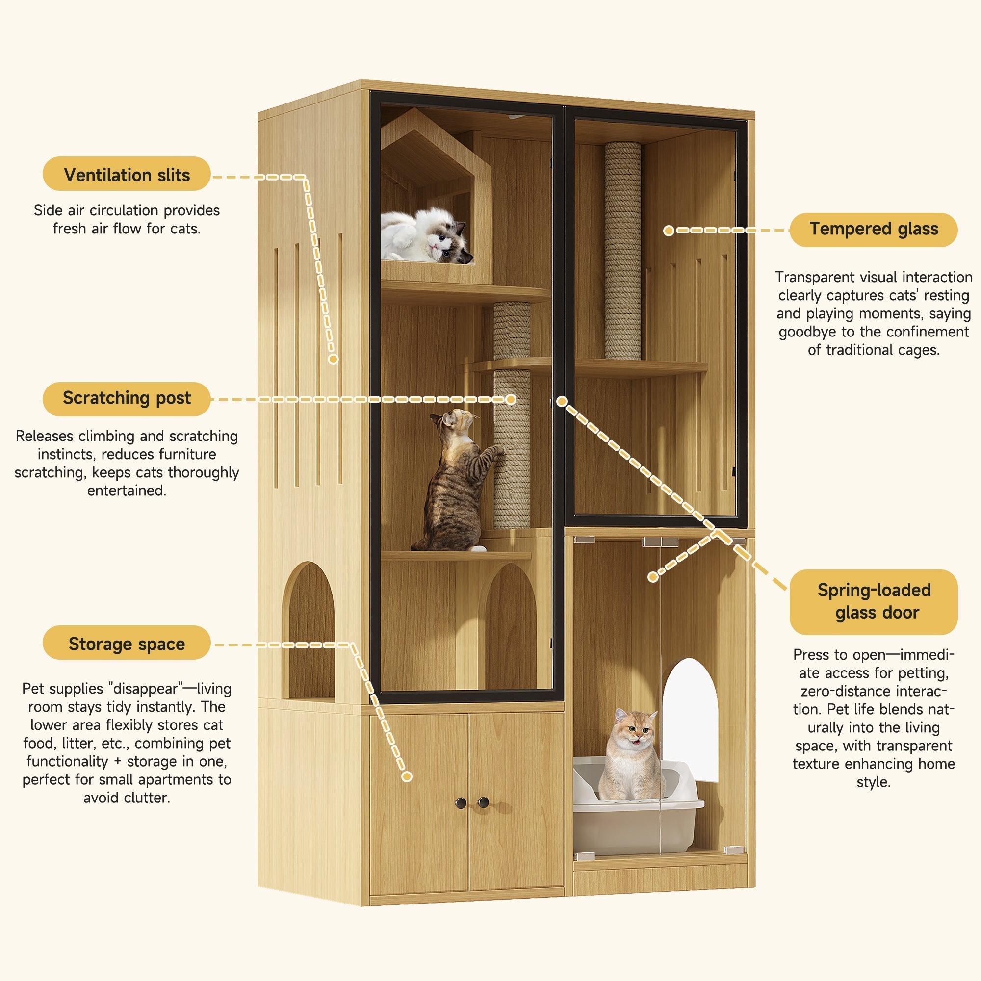 Cat House 4-Story Glass 90x50x160cm with Scratching Post - Yellow Maple Wood