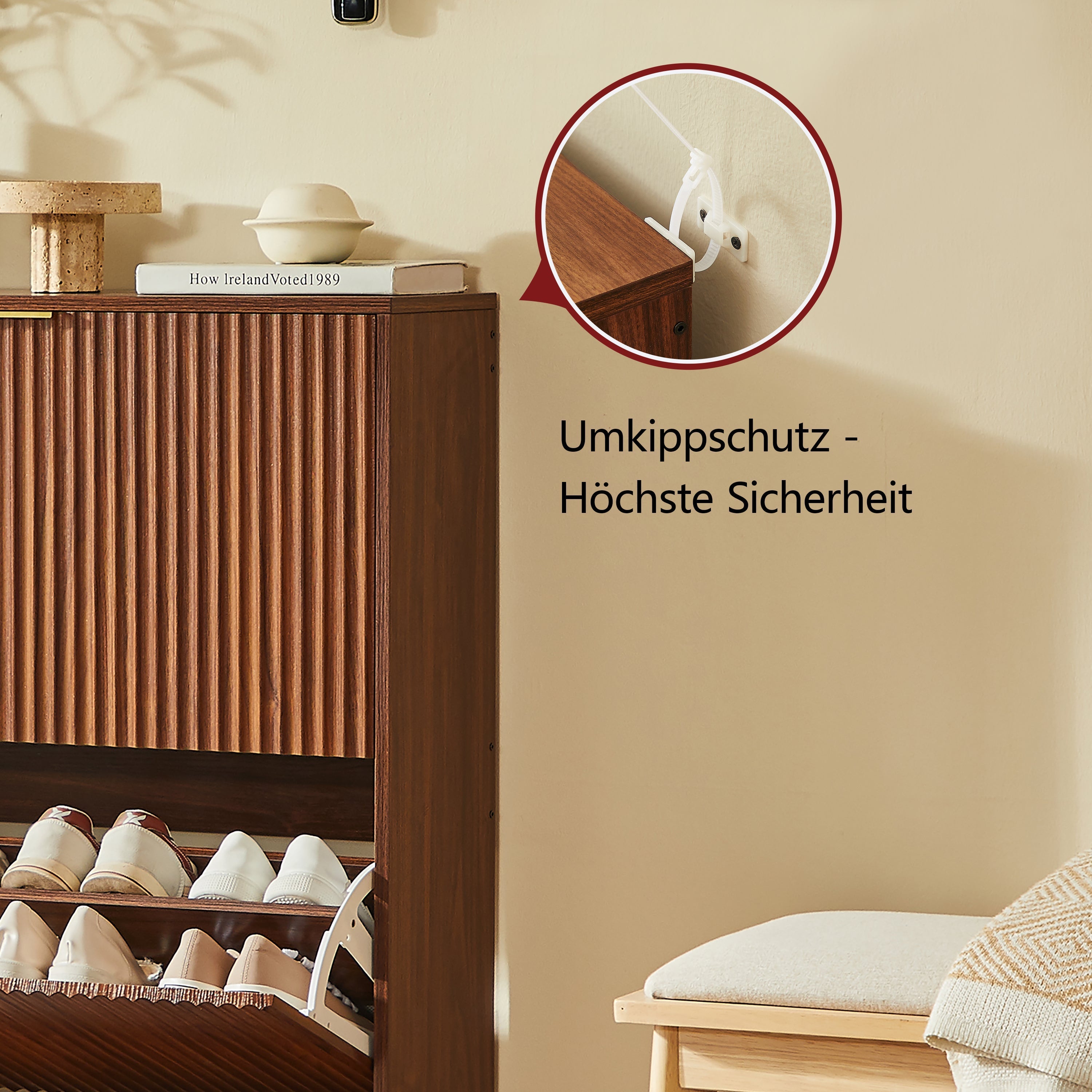 Narrow Shoe Cabinet with Grooved Front and Anti-Tip Device, Walnut Look