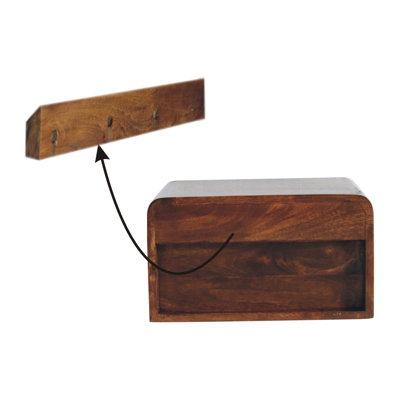 Solid Wood Nightstand, Chunky Wall Mounted 1 Drawer 1 Open-Shelf, Chestnut Brown