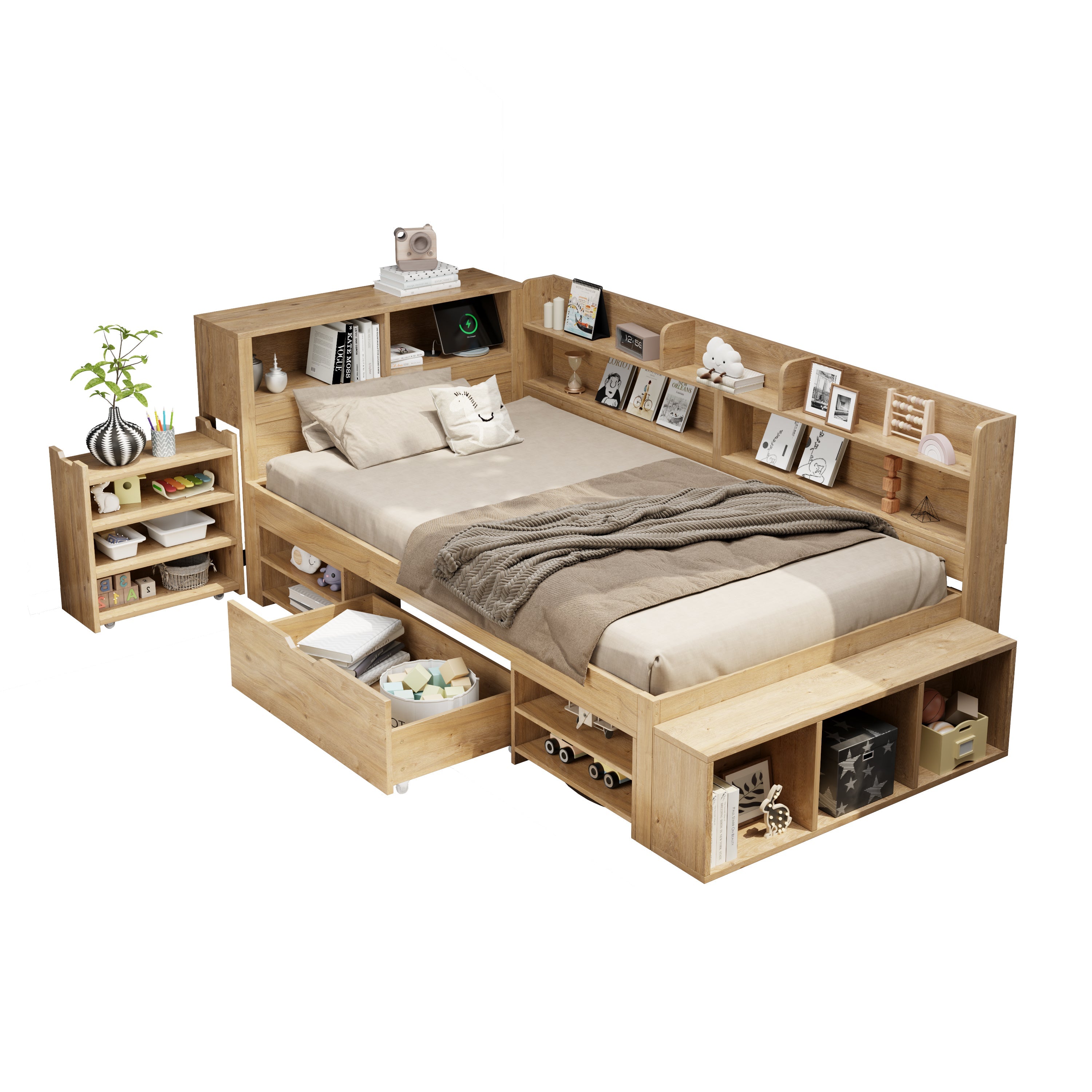 Multifunctional Children's Storage Bed with Nightstands, Shelves and Wireless Charging, Natural