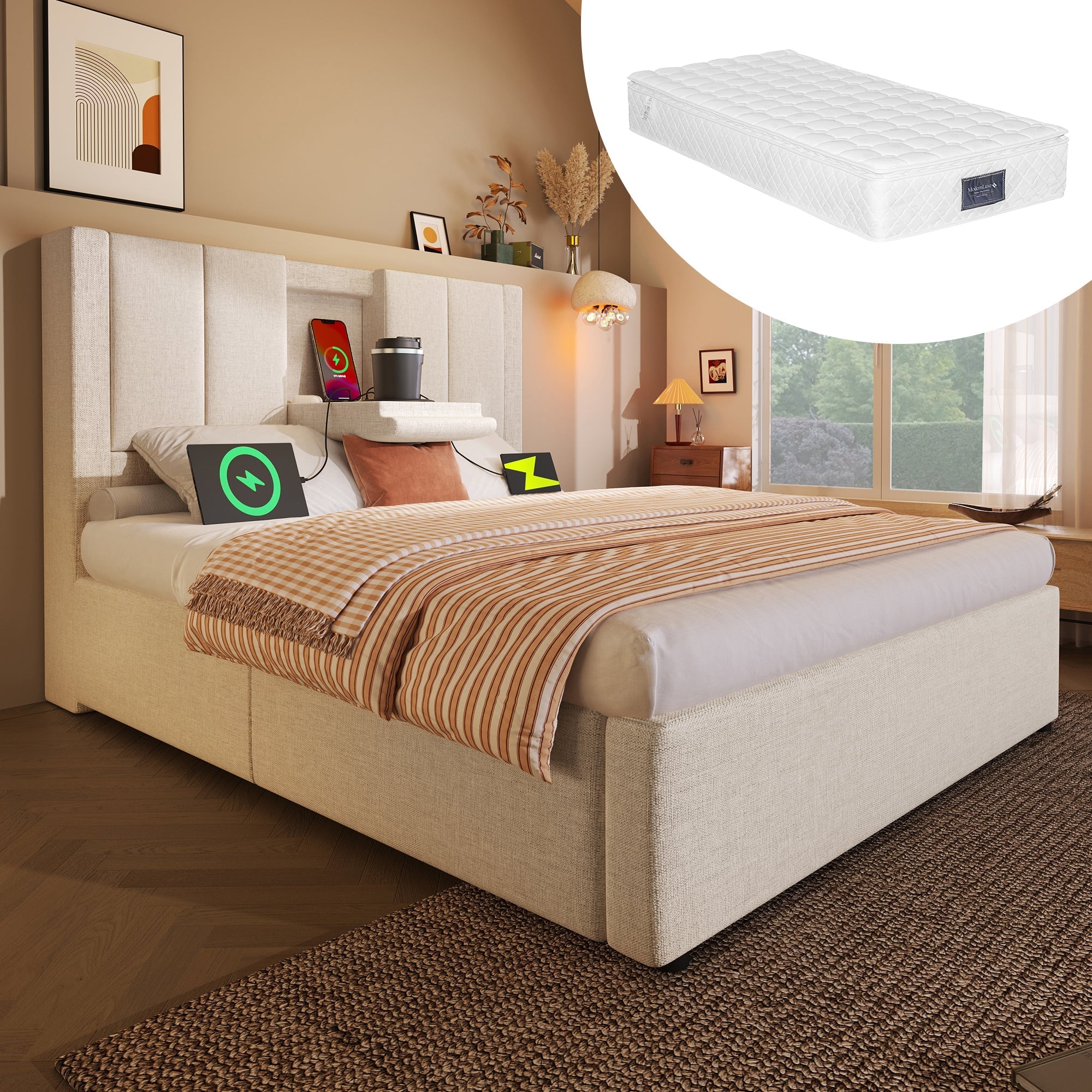 Upholstered Single Bed 90x200cm Hydraulic Storage Cup Holder Charging Station - Linen Beige