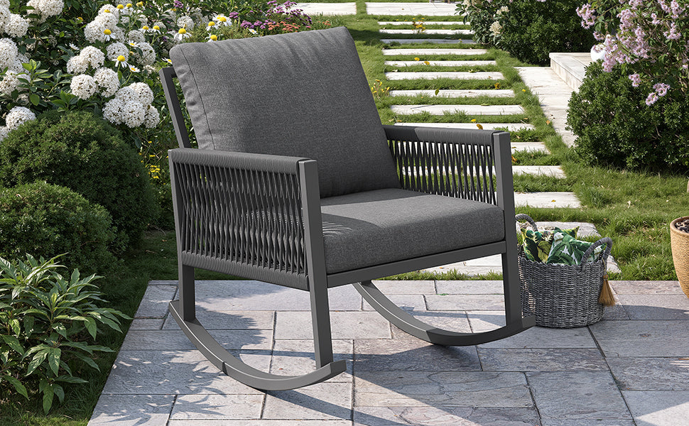 Outdoor Rocking Chair with Cross-Rope Weaving and Weatherproof Metal Frame, Grey Metal