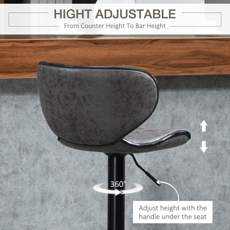 Adjustable Bar Stools Set of 2, Swivel Upholstered with Back and Footrest, Dark Grey Leathaire