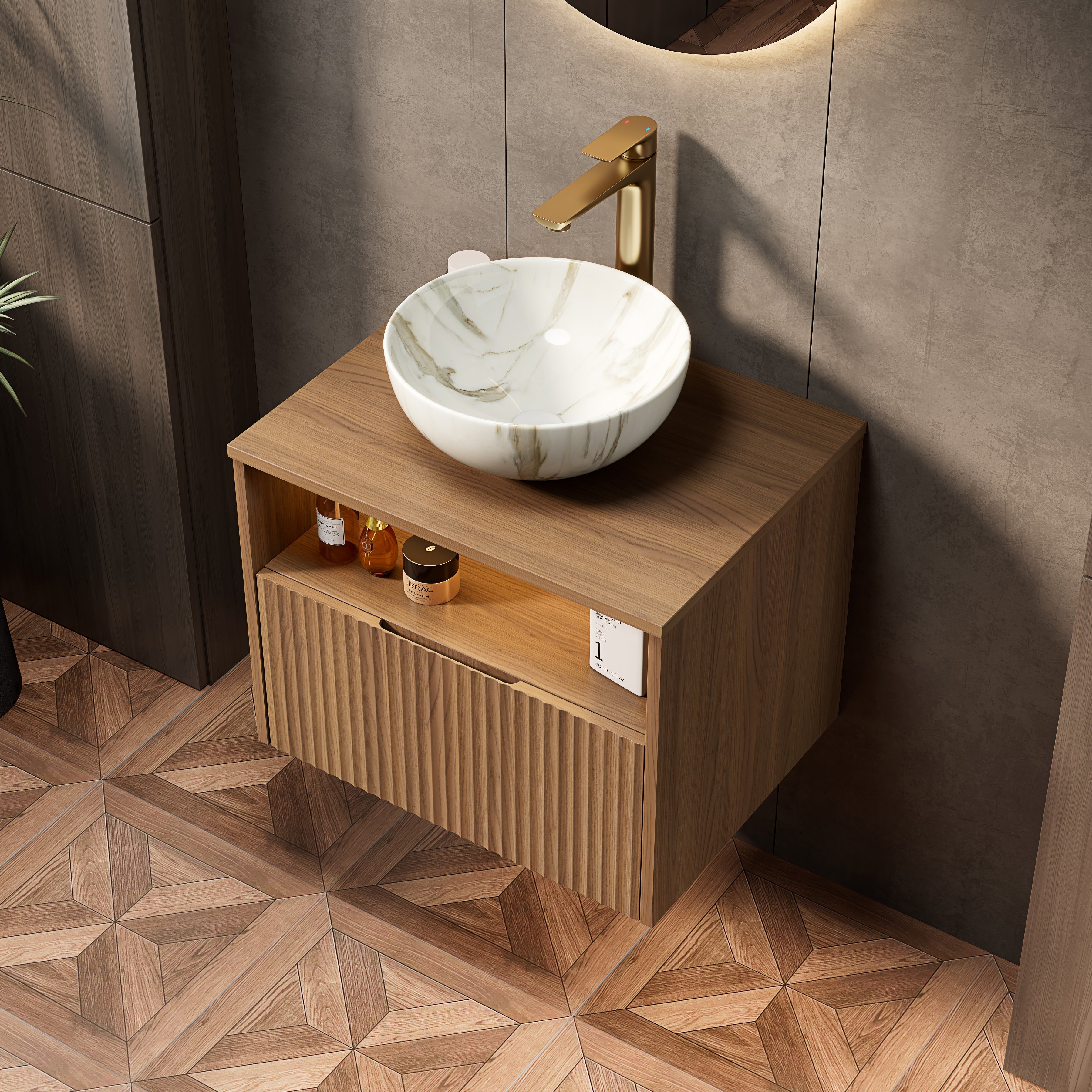 Floating Bathroom Sink with 60cm Ceramic Bowl and Sensor Light, Espresso Wood Grain