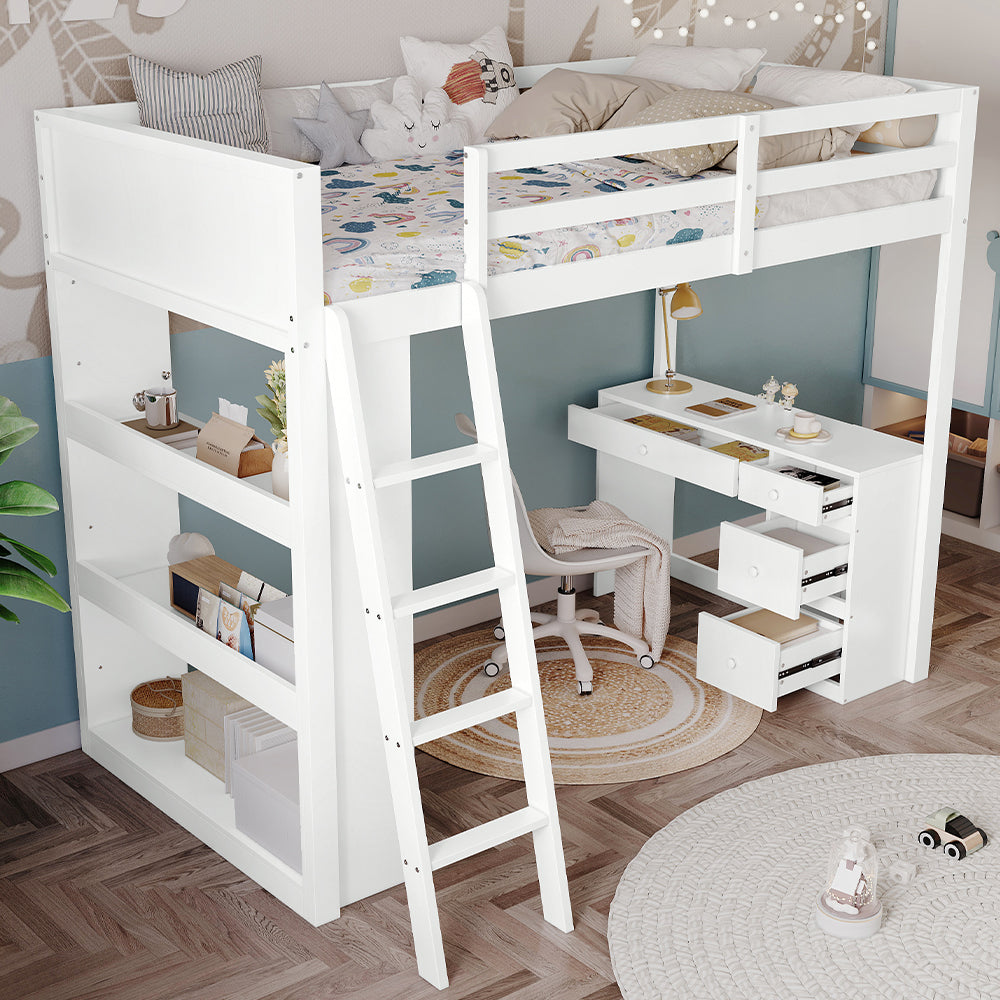 Wooden Bed with 4-Step Ladder, Desk & Drawers, 3FT 90x190cm, White