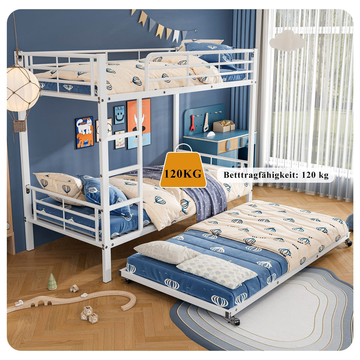 Iron Bunk Bed, Pull-out Bed, Side Rails, 90x200cm & 90x190cm, White