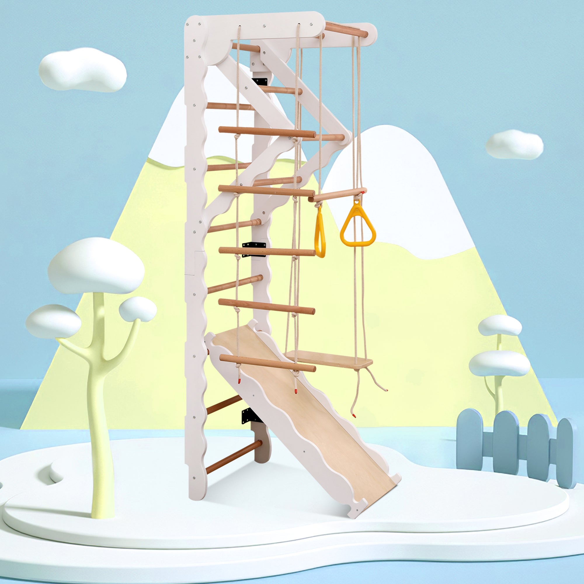 6-in-1 multifunctional climbing frame, wall bars, slide, swing, crawling ladder, pull-up area, rings, 50 kg, plywood, solid wood, beech