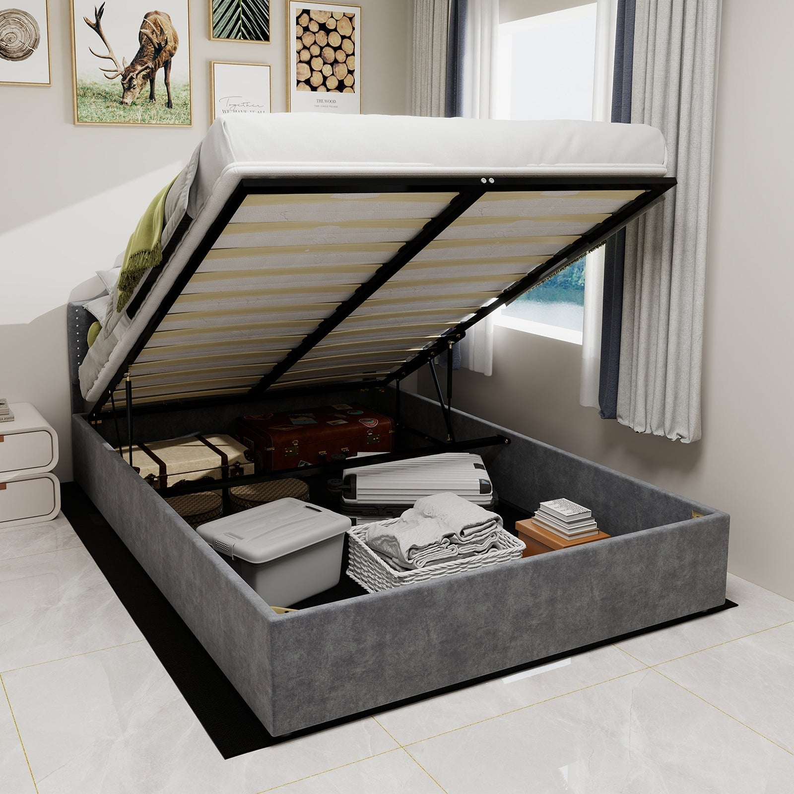 Modern Minimalist Soft Bed, 140*200CM, High Box Bed, Gray
