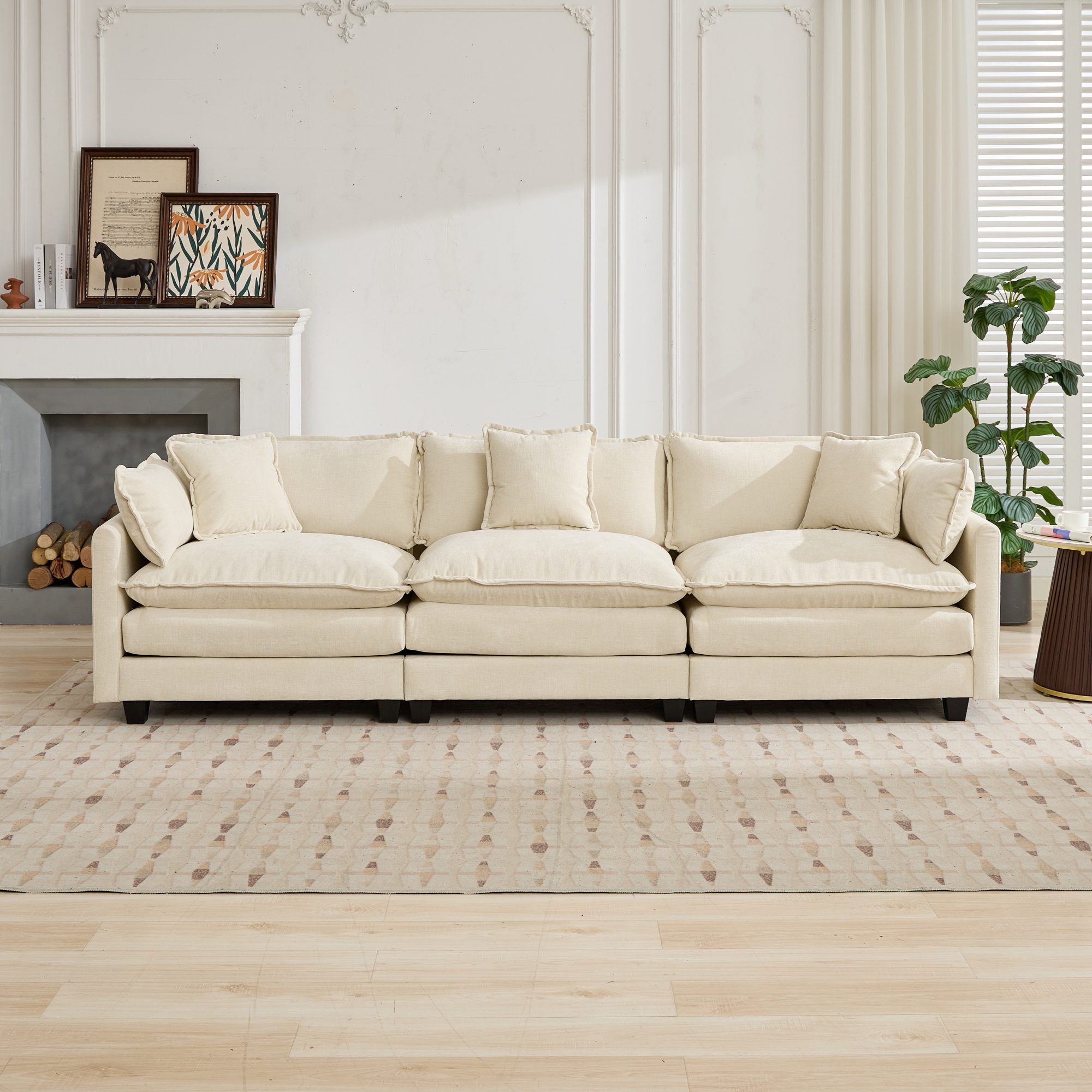 Cloud Sofa, 3 Seater Modern Sectional with Upholstered Seat Cushion, Beige Chenille Fabric