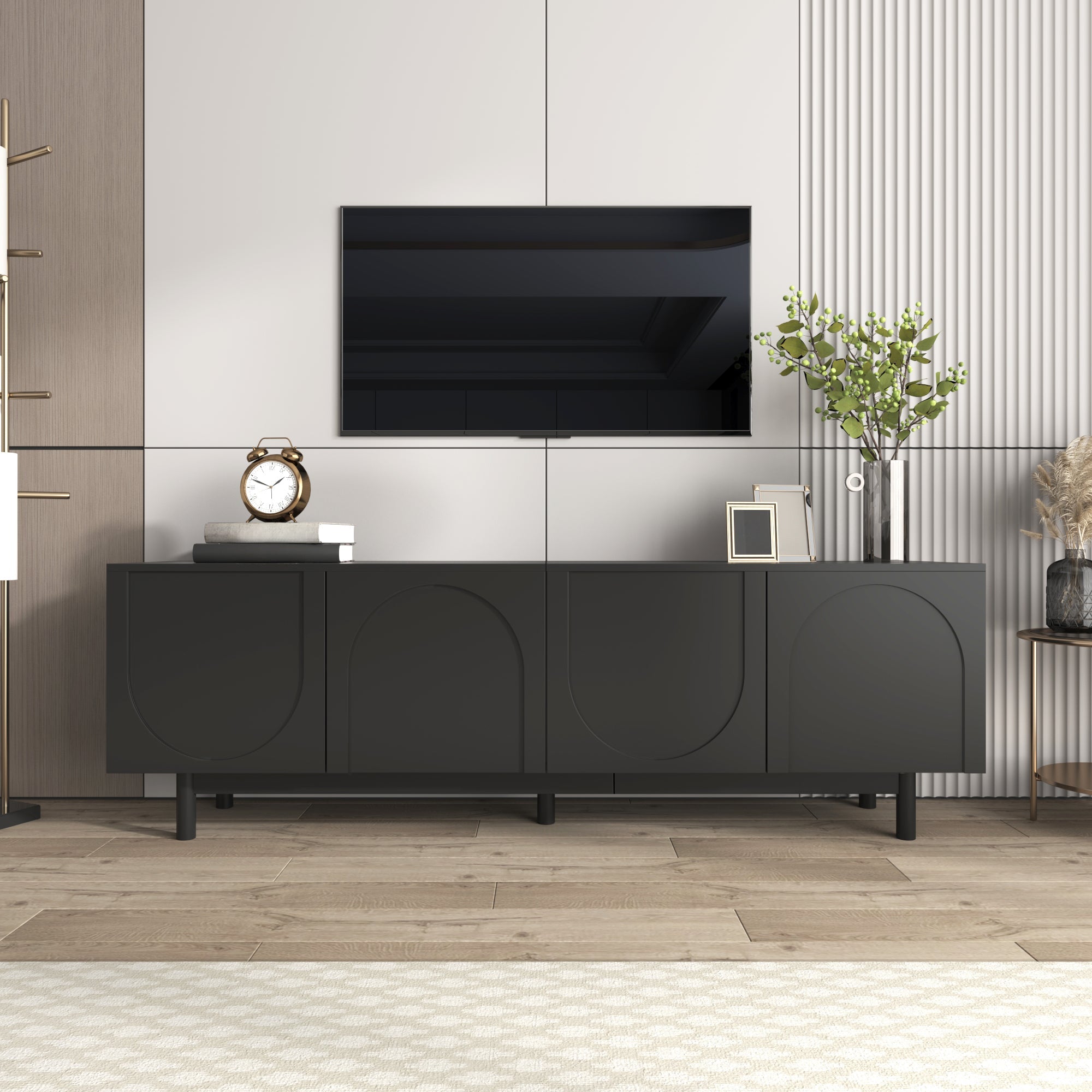 TV Cabinet 175cm Adjustable Shelves Lowboard Black
