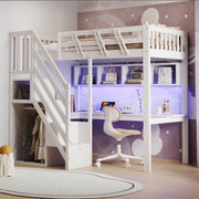 Solid Wood Loft Bed 90x200cm with Stairs Storage Cabinet Desk USB LED - White