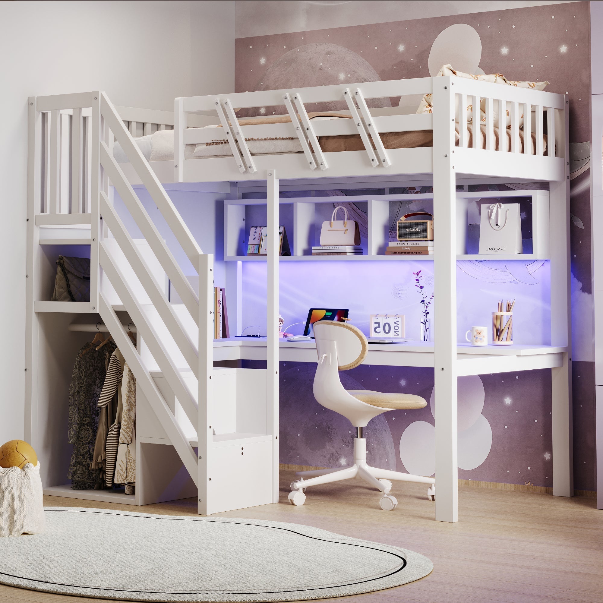 Solid Wood Loft Bed 90x200cm with Stairs Storage Cabinet Desk USB LED - White