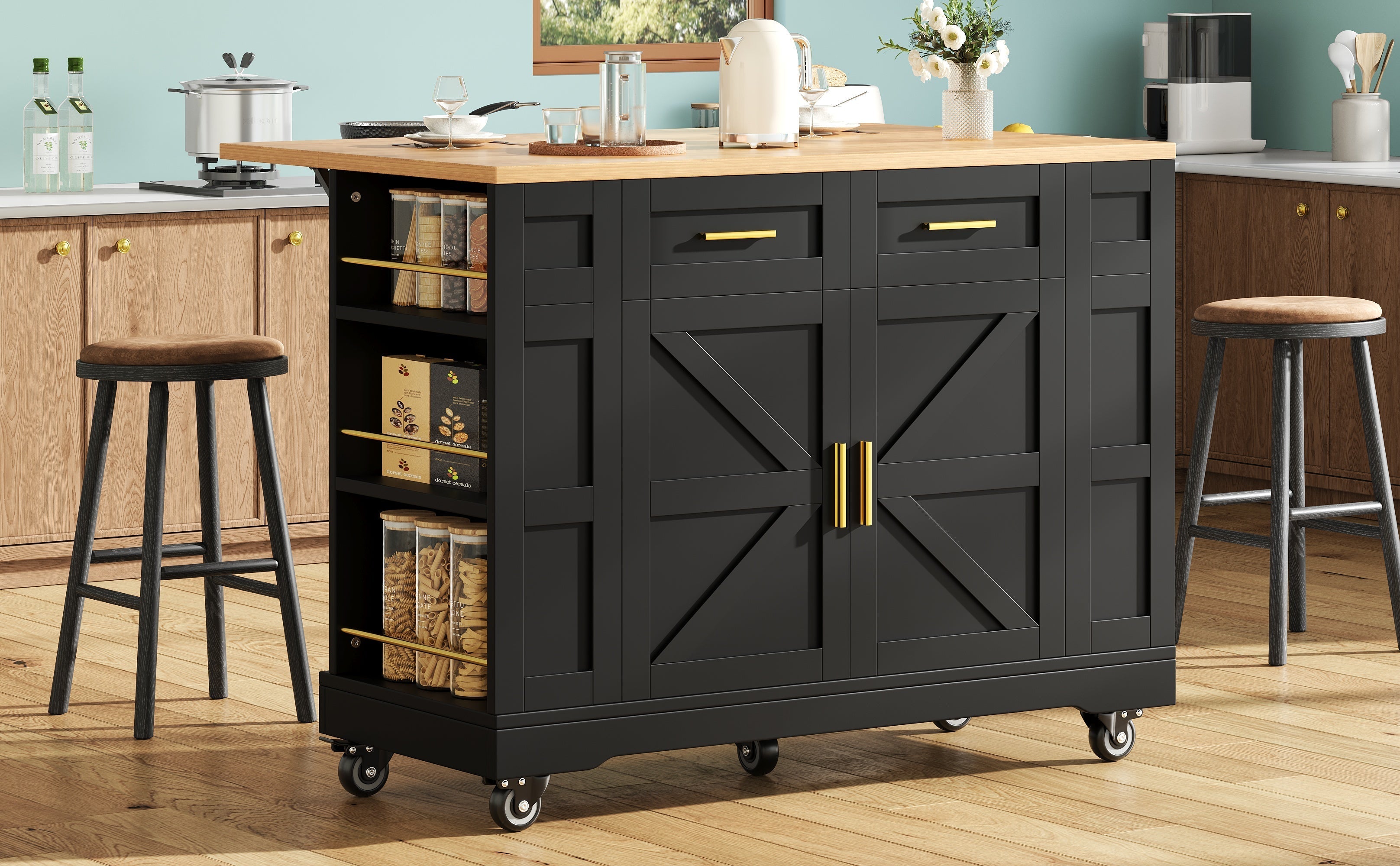 Modern Kitchen Island with Storage and Extendable Tabletop, Black Wood Grain Finish