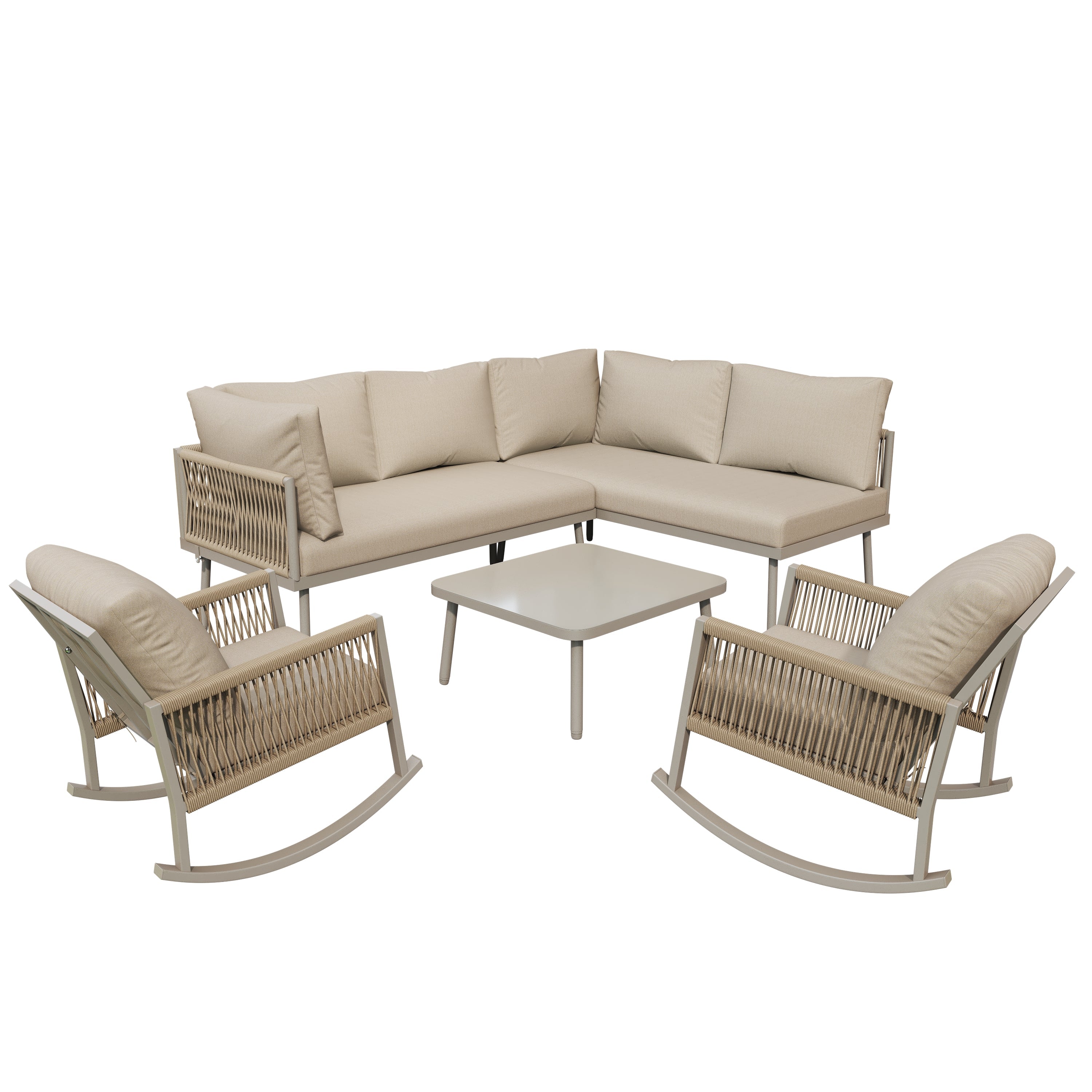 Modular Garden Furniture Set with Rocking Chairs, Corner Sofa and Side Table, Rope Weave