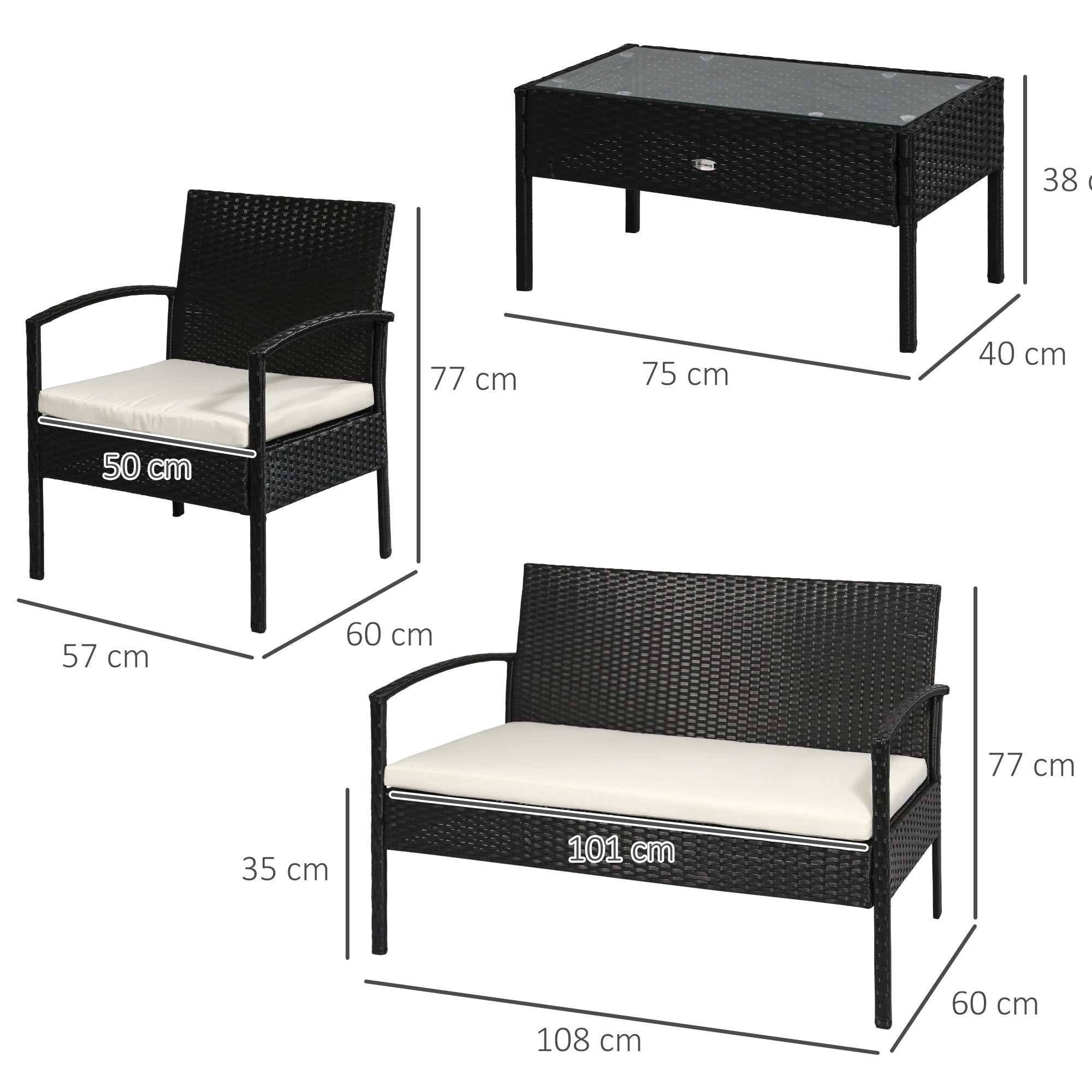 4-Piece Rattan Garden Sofa Set with Loveseat, Armchairs, Glass Table, Black Rattan