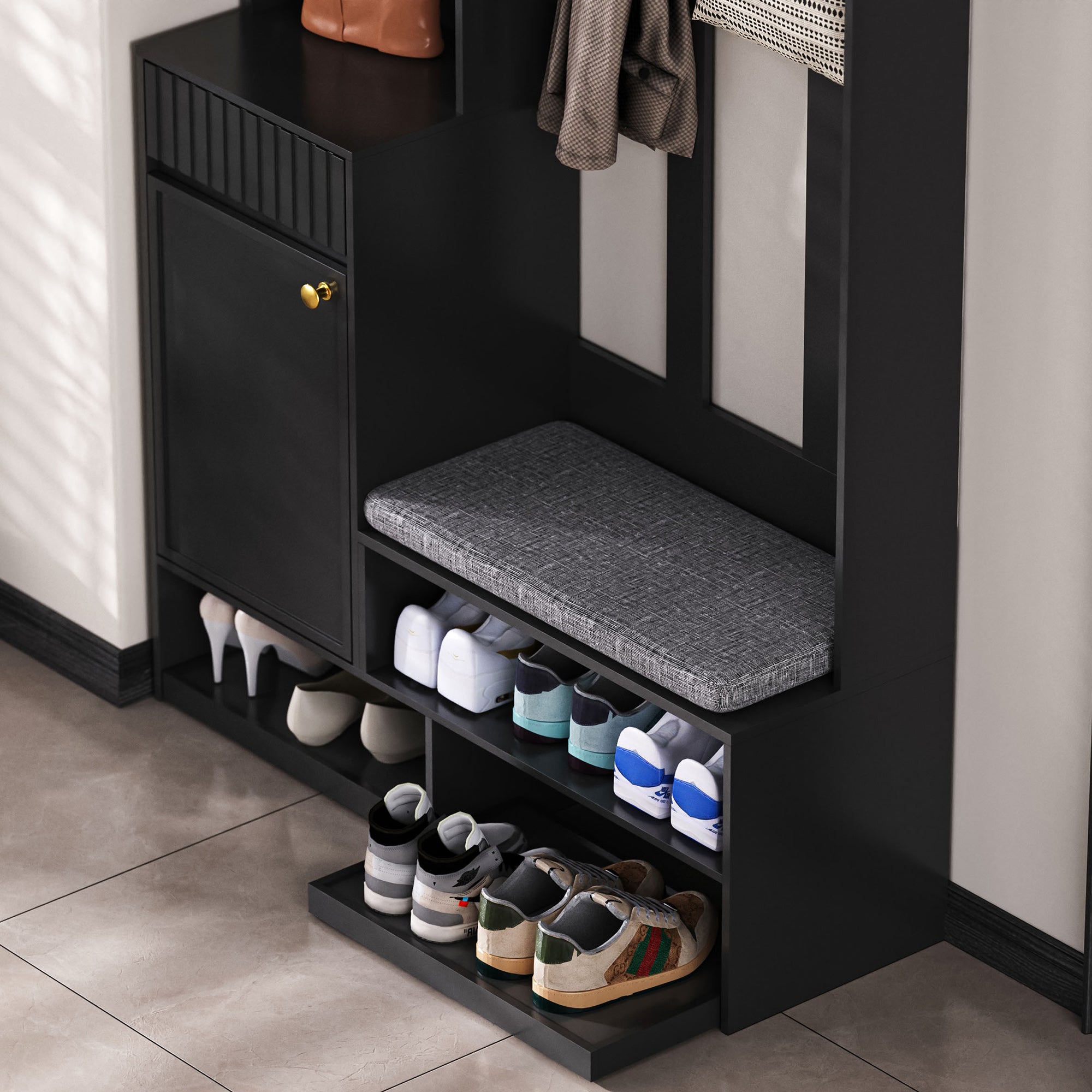 Wardrobe set complete hallway wardrobe set with bench, 4 hooks, doors & drawers - black