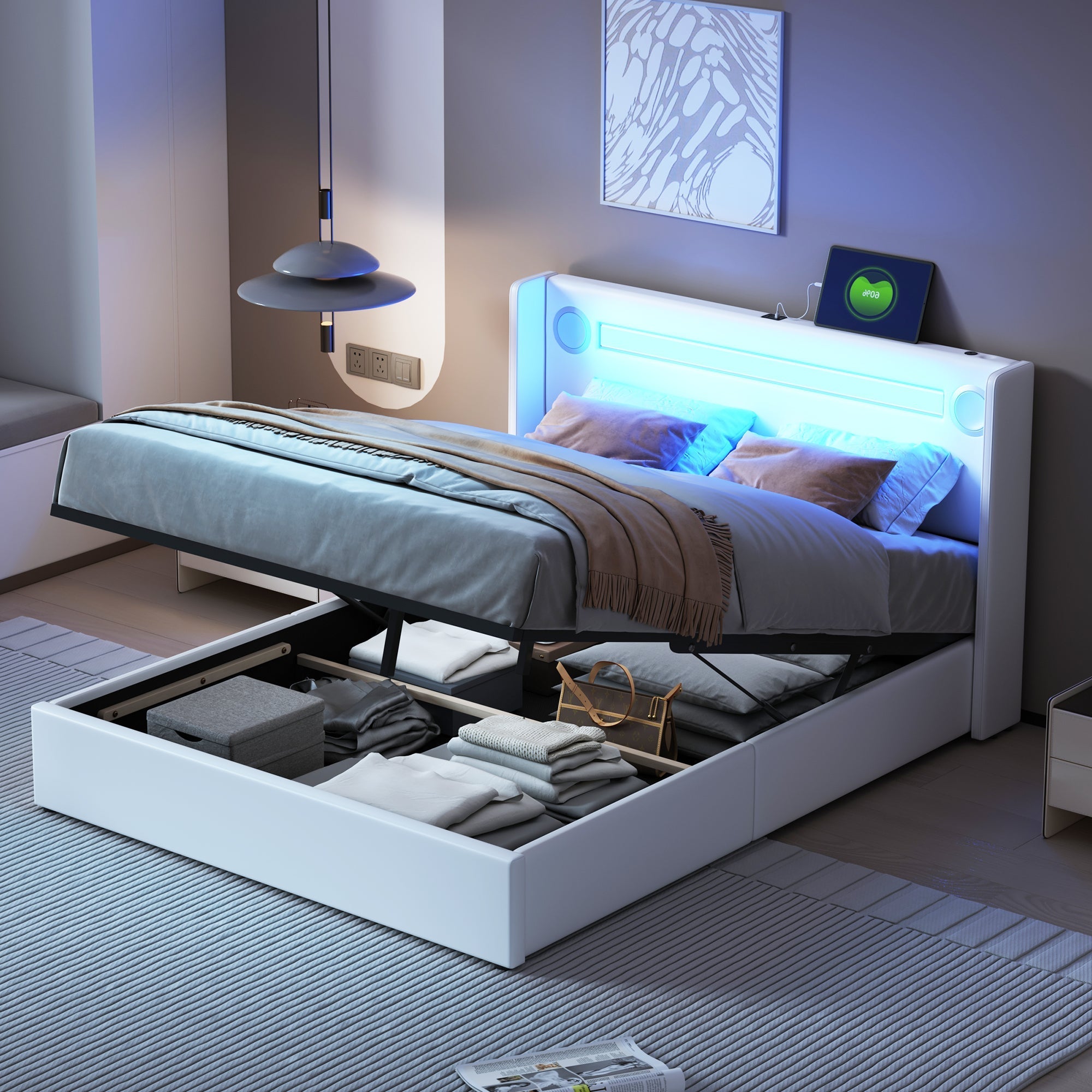 Upholstered Bed 140x200cm, LED & Bluetooth, Storage, White PU Leather