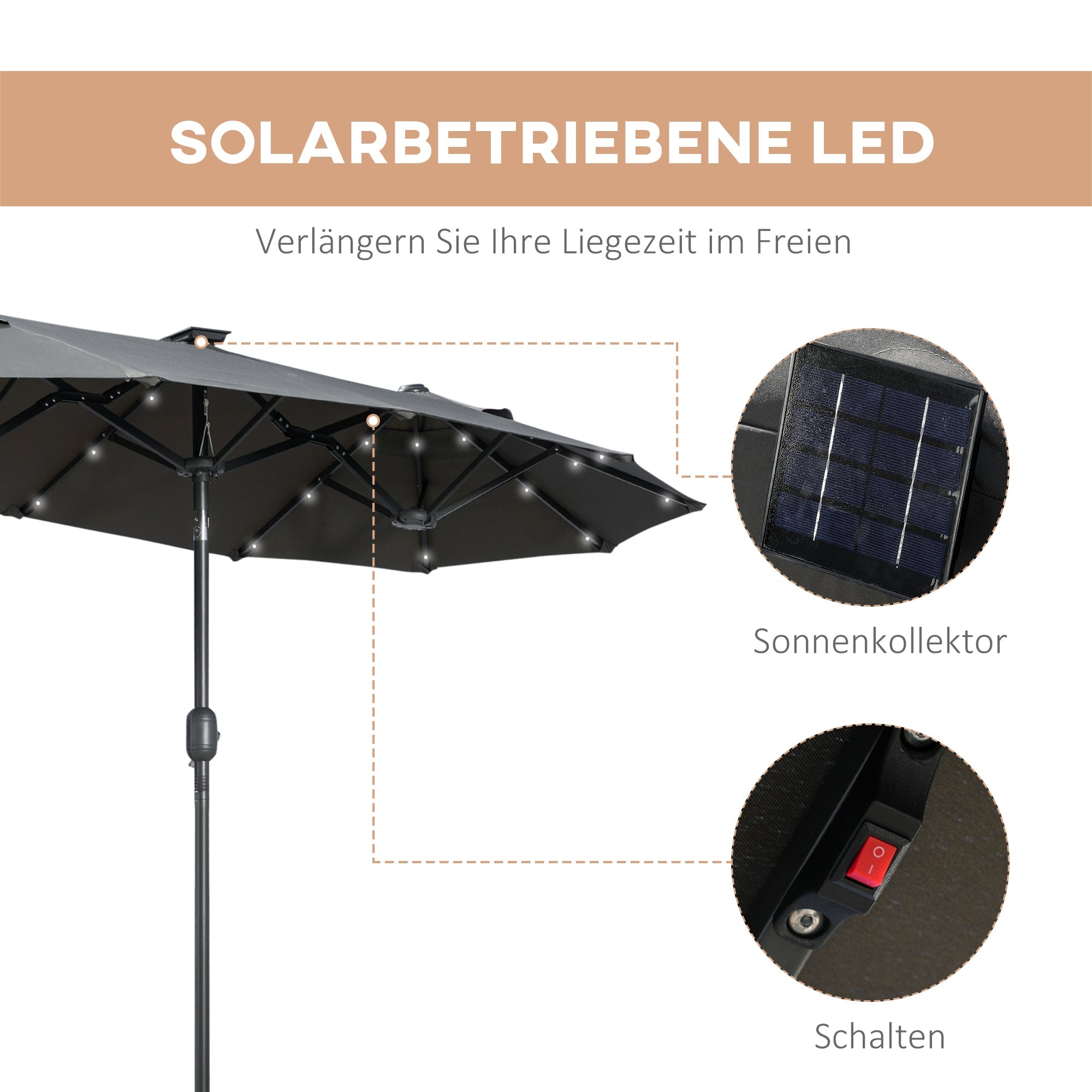 Double Parasol 295x219cm LED Windproof Adjustable Tilt Dark Grey/Polyester/Steel