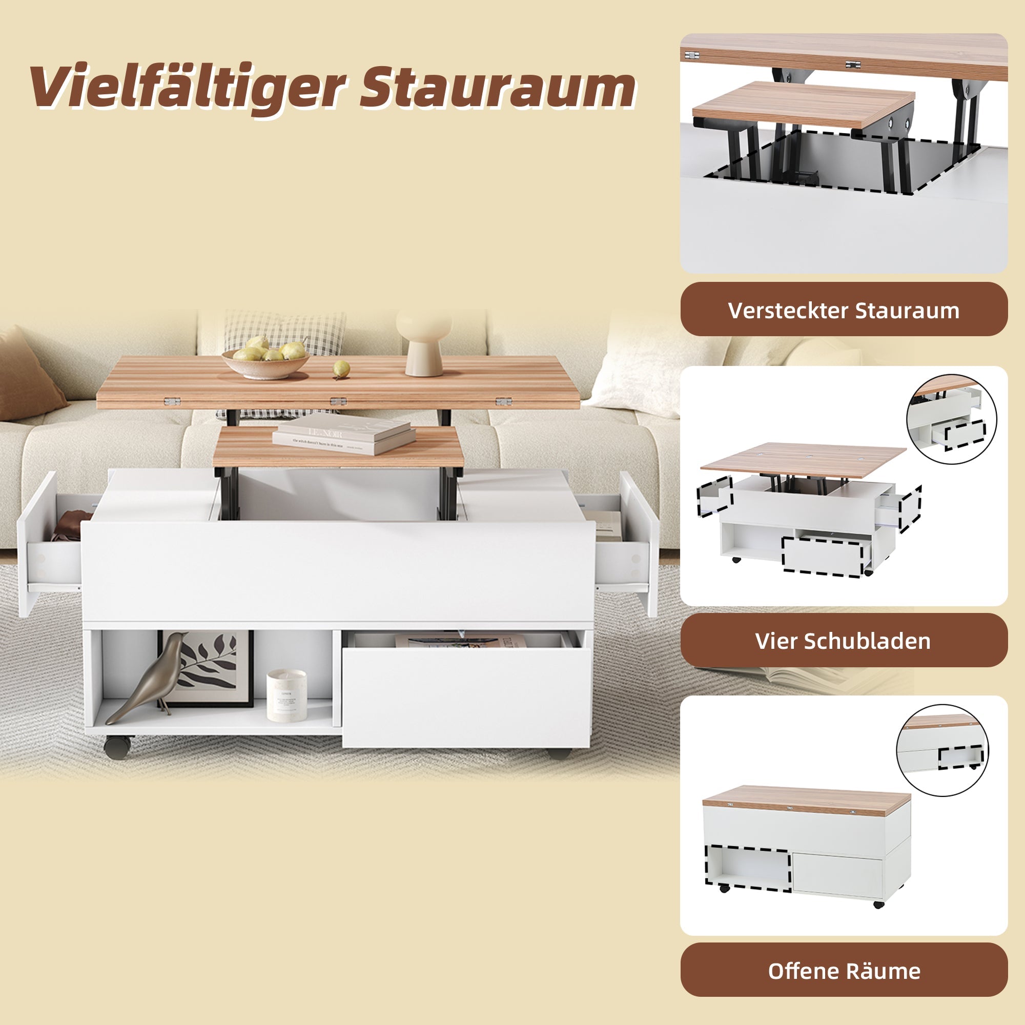 Coffee Table, 100x50x52cm Lift-Top with 4 Wheels & Drawers, White & Wood