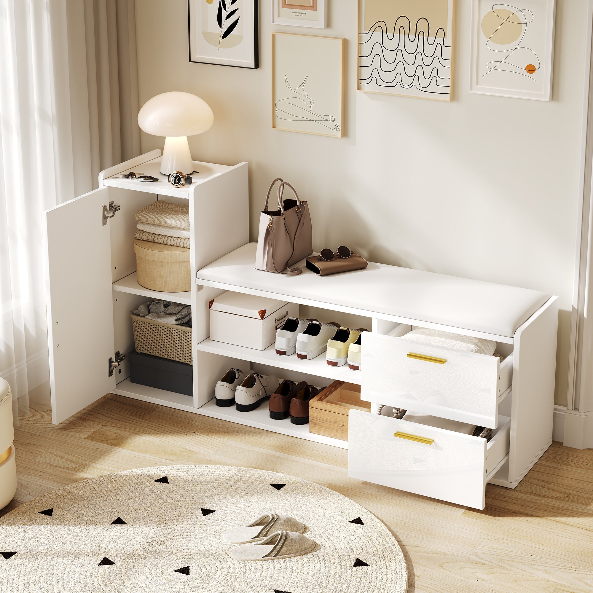 Shoe Cabinet 128x30x68cm with Bench, 2 Drawers, High-Gloss White