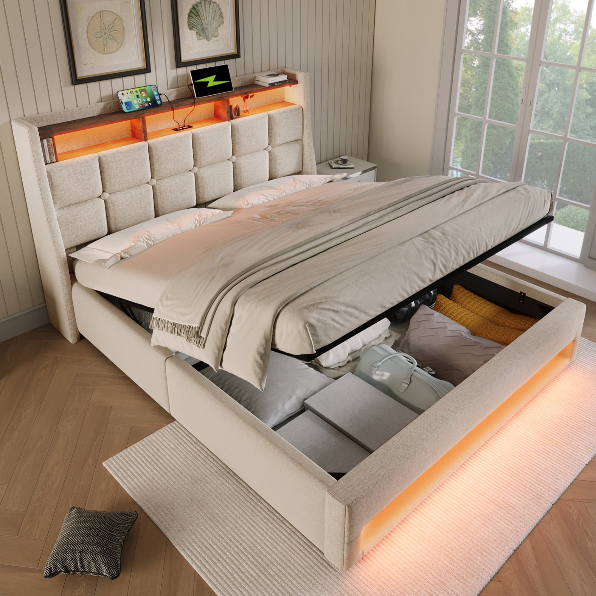 Upholstered Double Bed 150 x 200 cm with LED Lighting, USB Type-C Charging, Storage Headboard, 5FT King Size, Linen, Beige