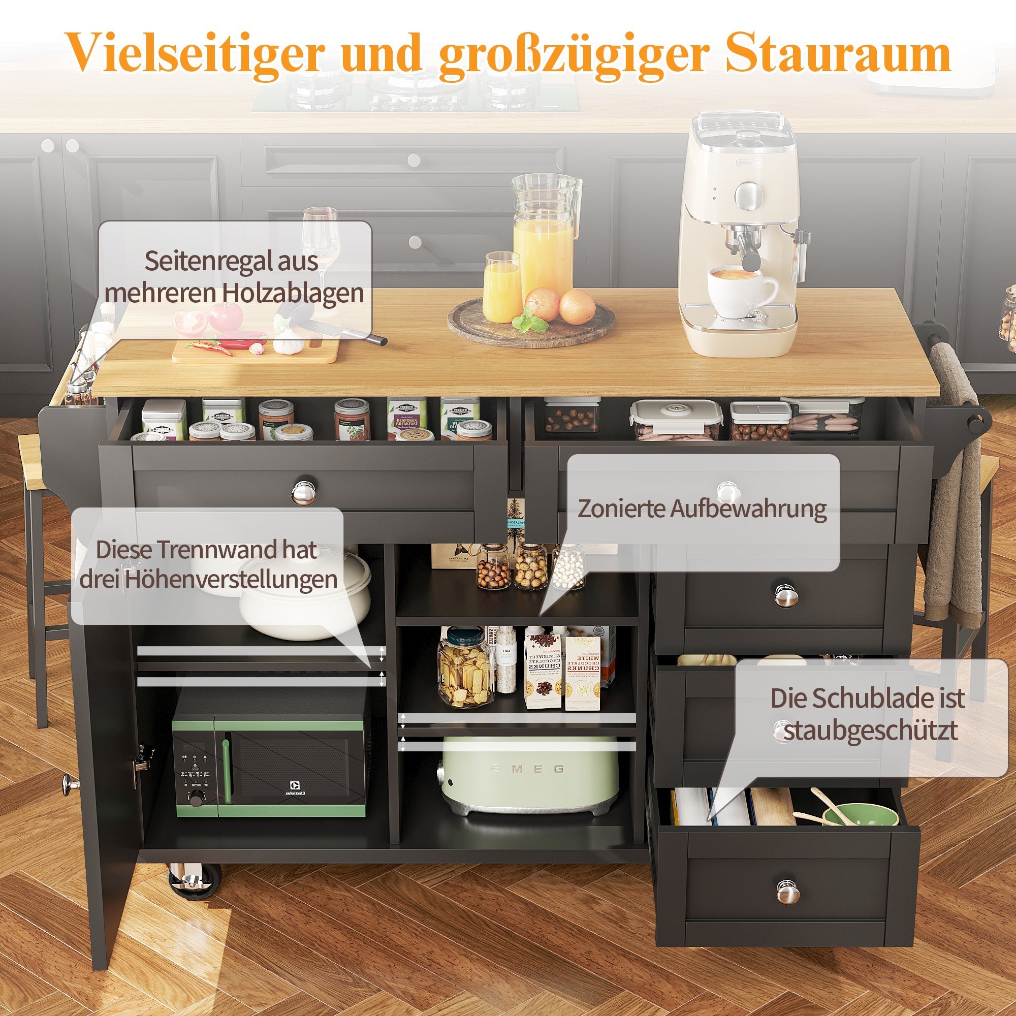 Dining Trolley with Drawer and Storage Cabinet, Mobile and Fixed Dual-Use Design, MDF Wood Grain