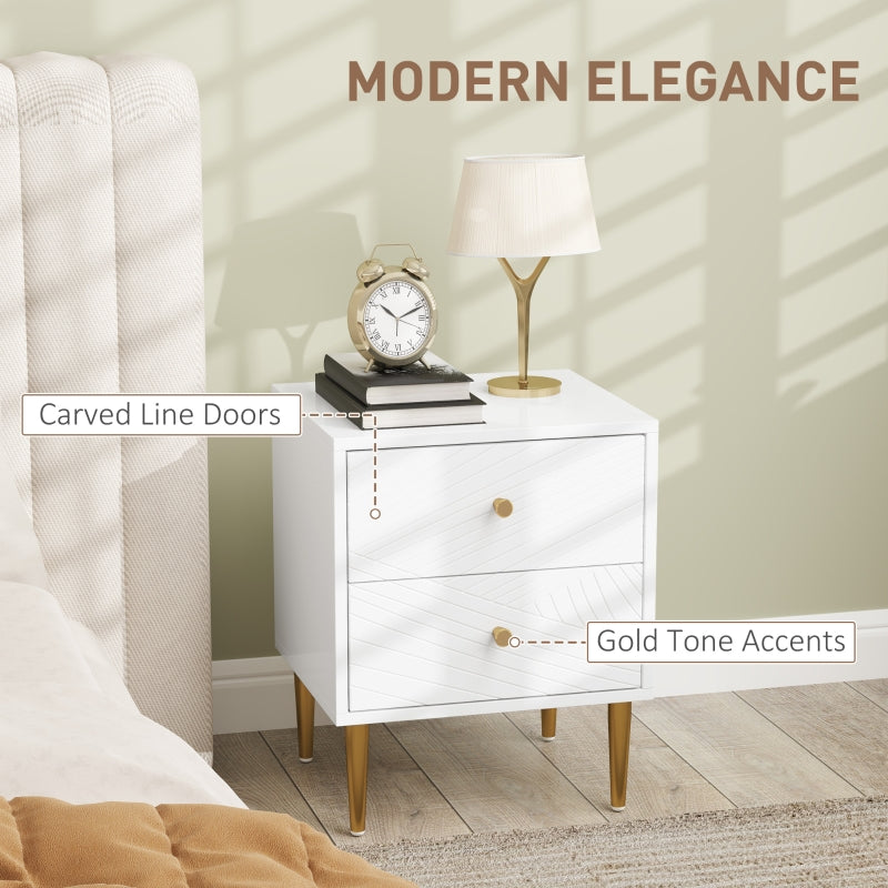 Elegant Bedside Table Two-Drawer White/Gold-Tone