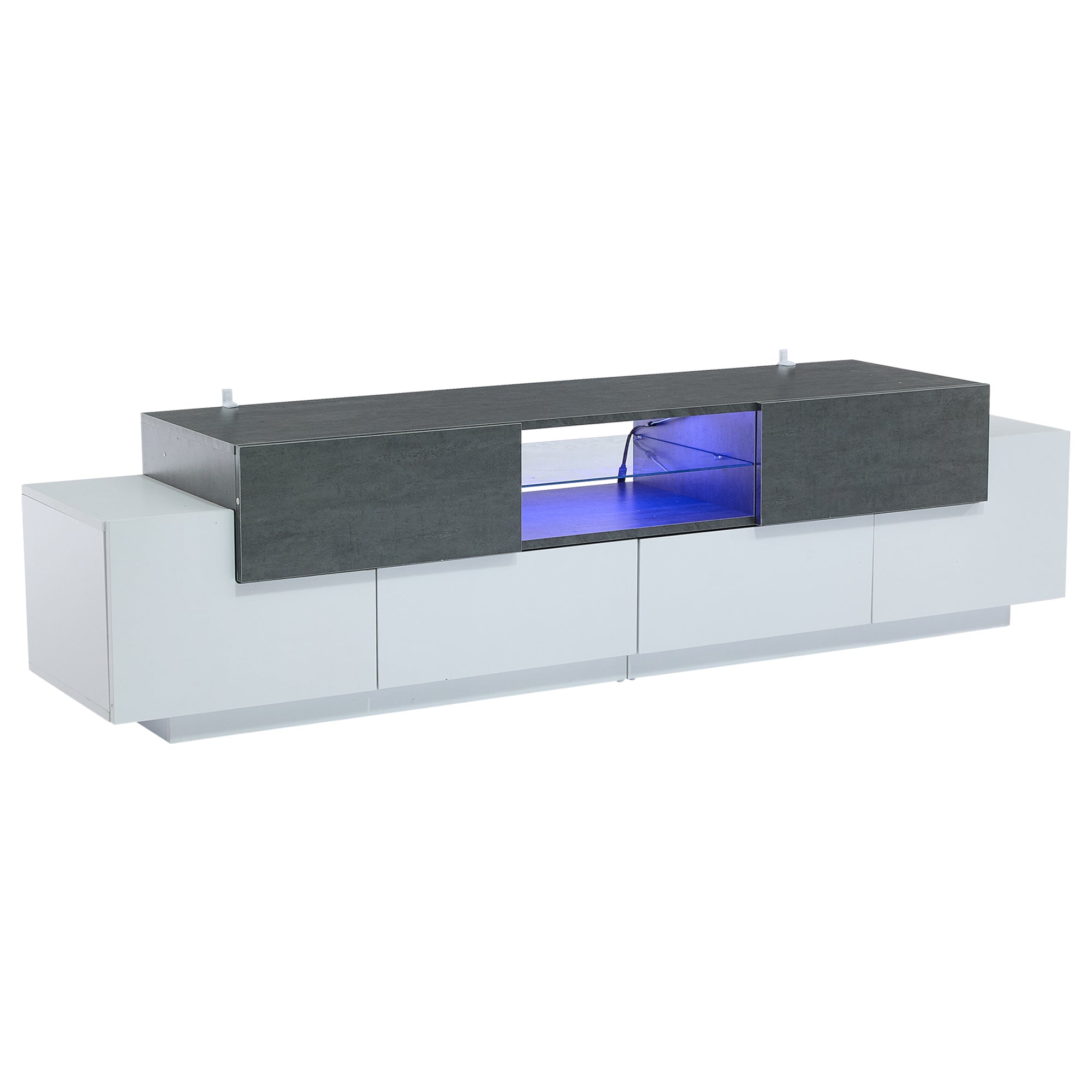 LED TV Cabinet, Entertainment Center with Glass Shelves, White+Gray