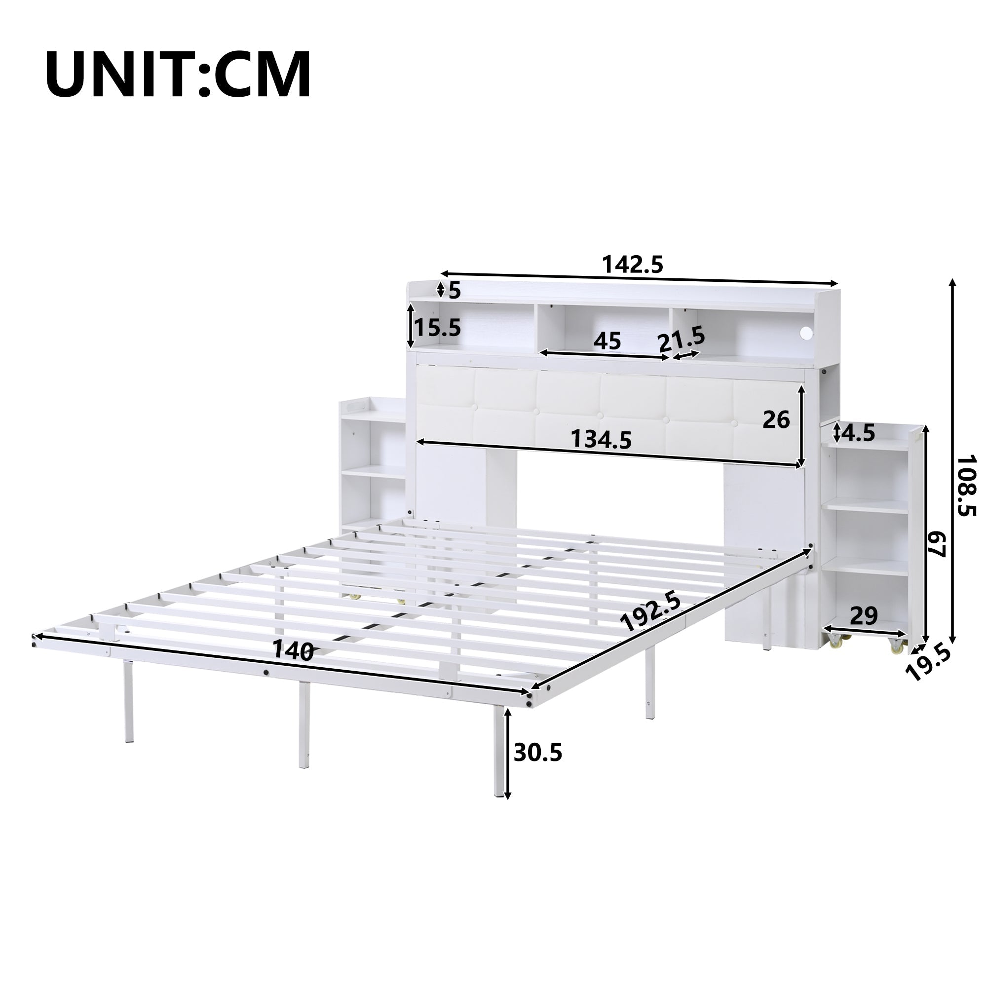 Double Bed 140x190cm 2 Pull-out Nightstands Storage USB/Type-C LED - White