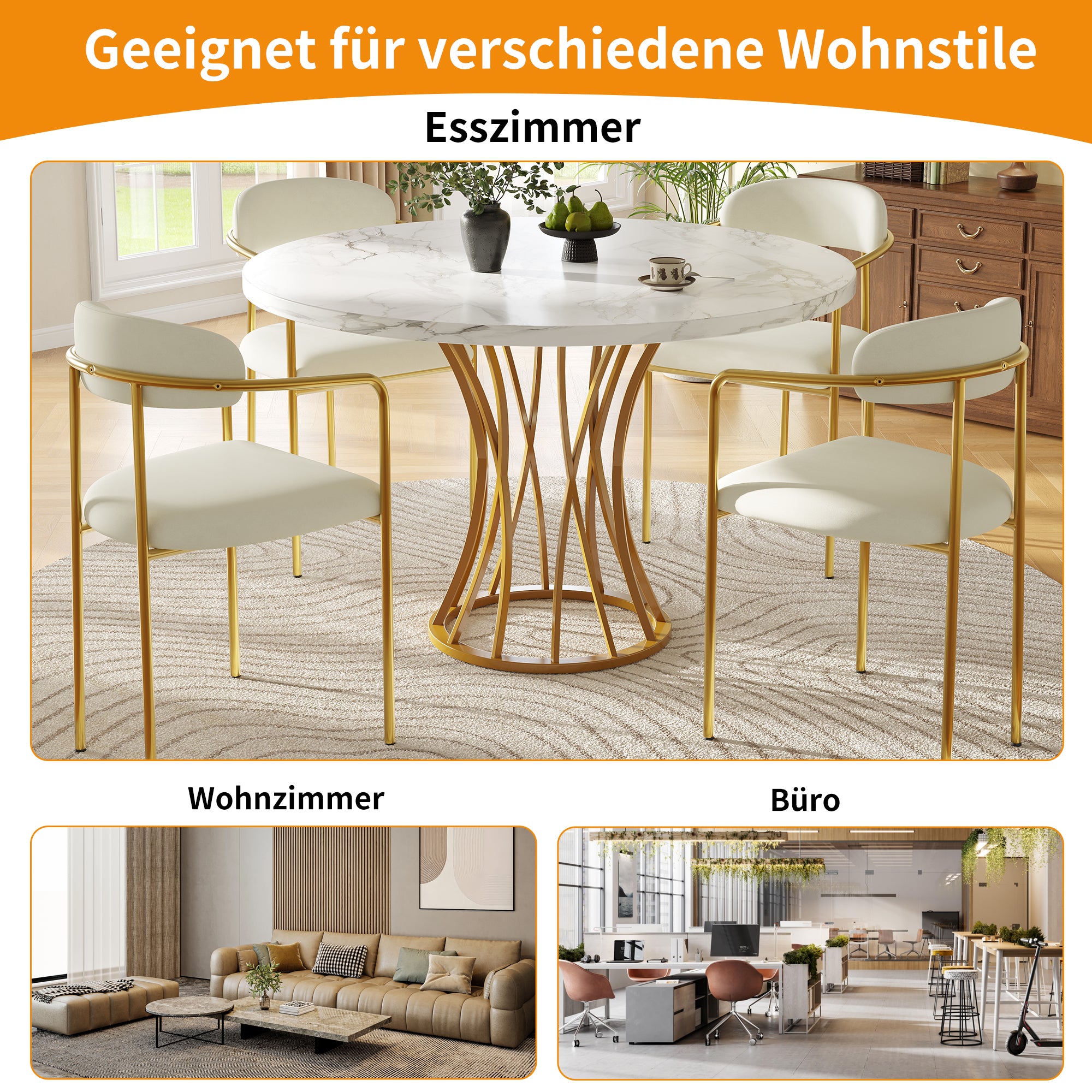 Round Dining Table 80cm 4-6 Seater Marbled Top - Gold Legs