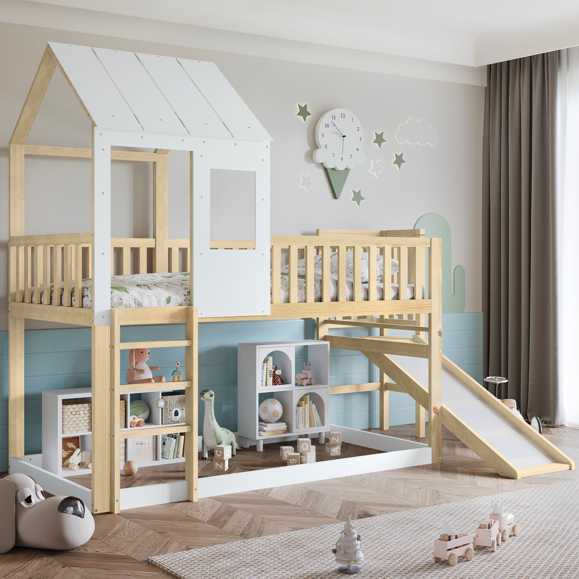 High Sleeper Bed with Slide, Roof, & Storage, 3ft Single, Pine/MDF, White/Wood Colour