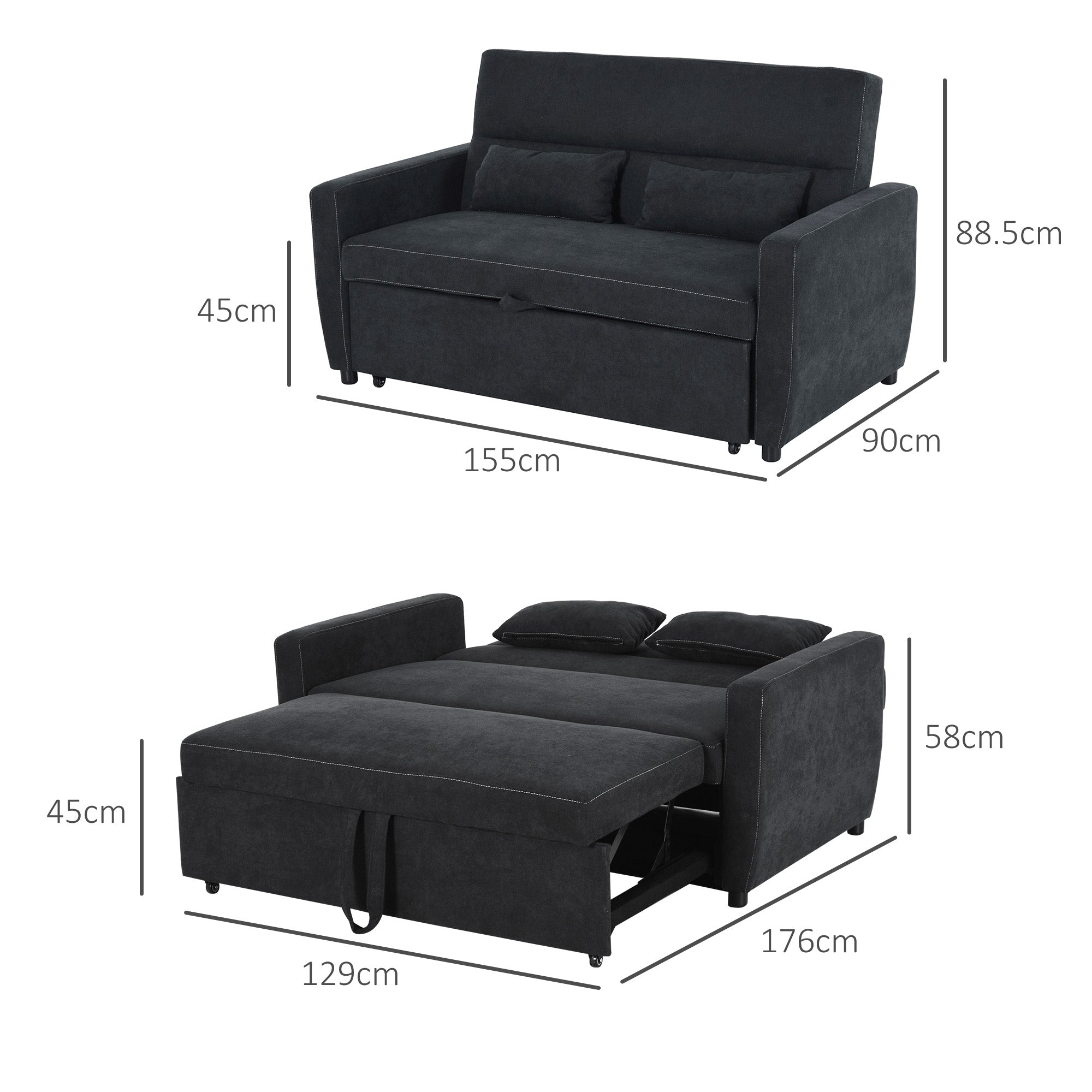 Sleeper Sofa, Convertible 2-Seater Adjustable Angle, Fabric Black