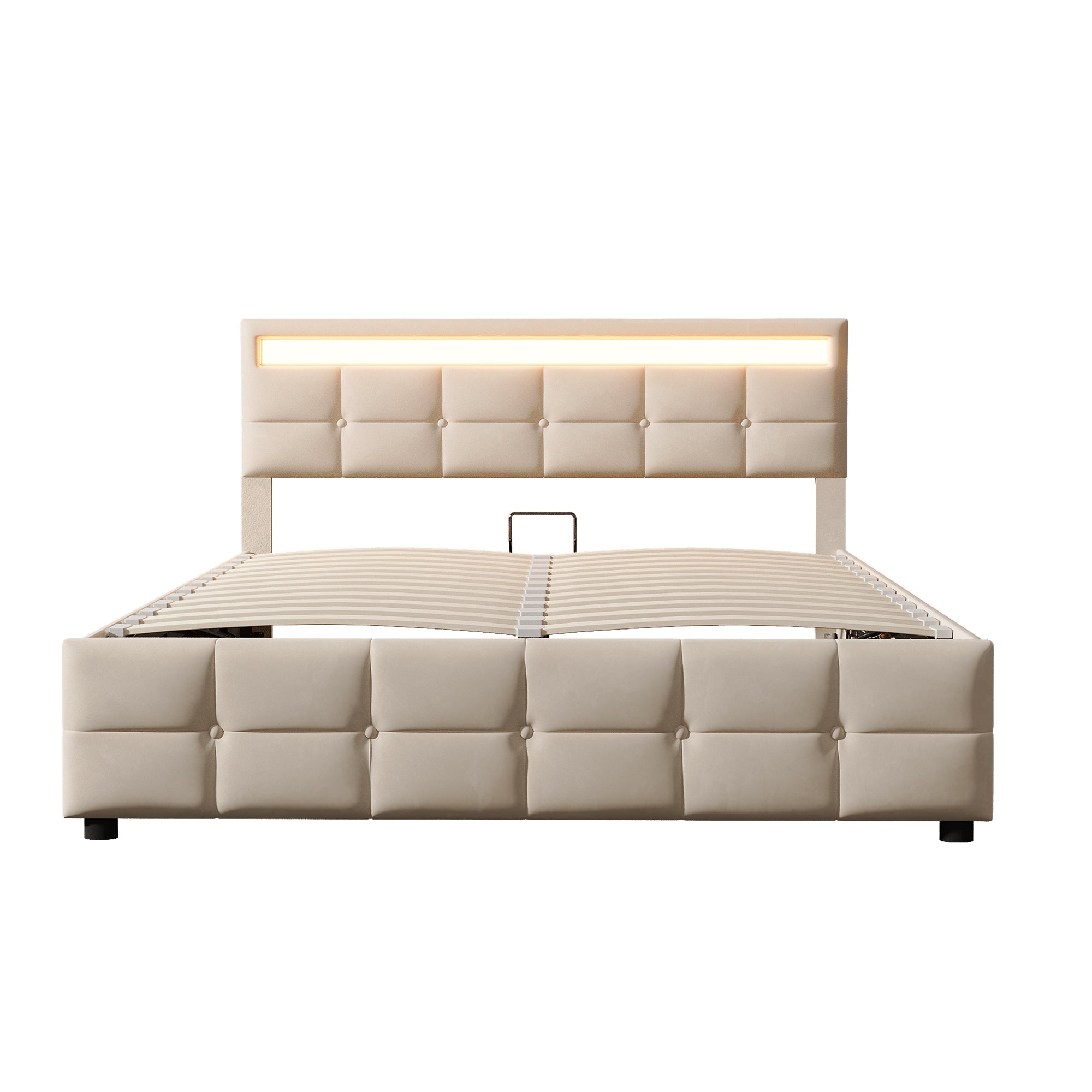 Upholstered Bed 180x200cm LED Hydraulic Slatted Frame, Dutch Velvet Beige