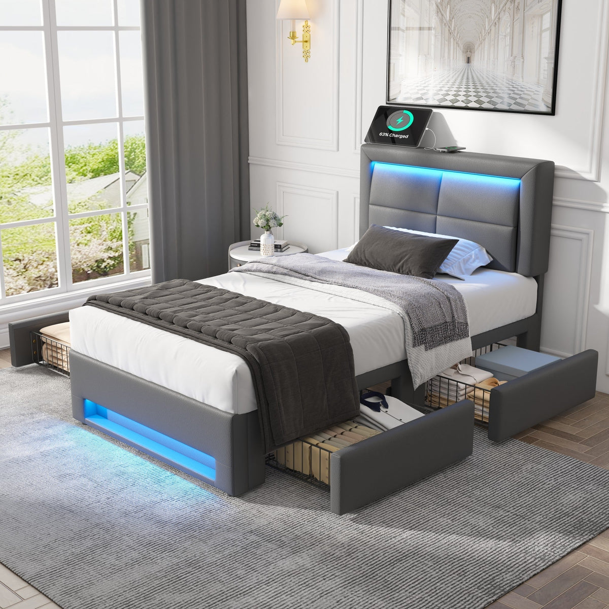 Upholstered Bed 90x200cm USB/Wireless Charging LED Lights 4 Drawers PU Lychee Pattern Grey