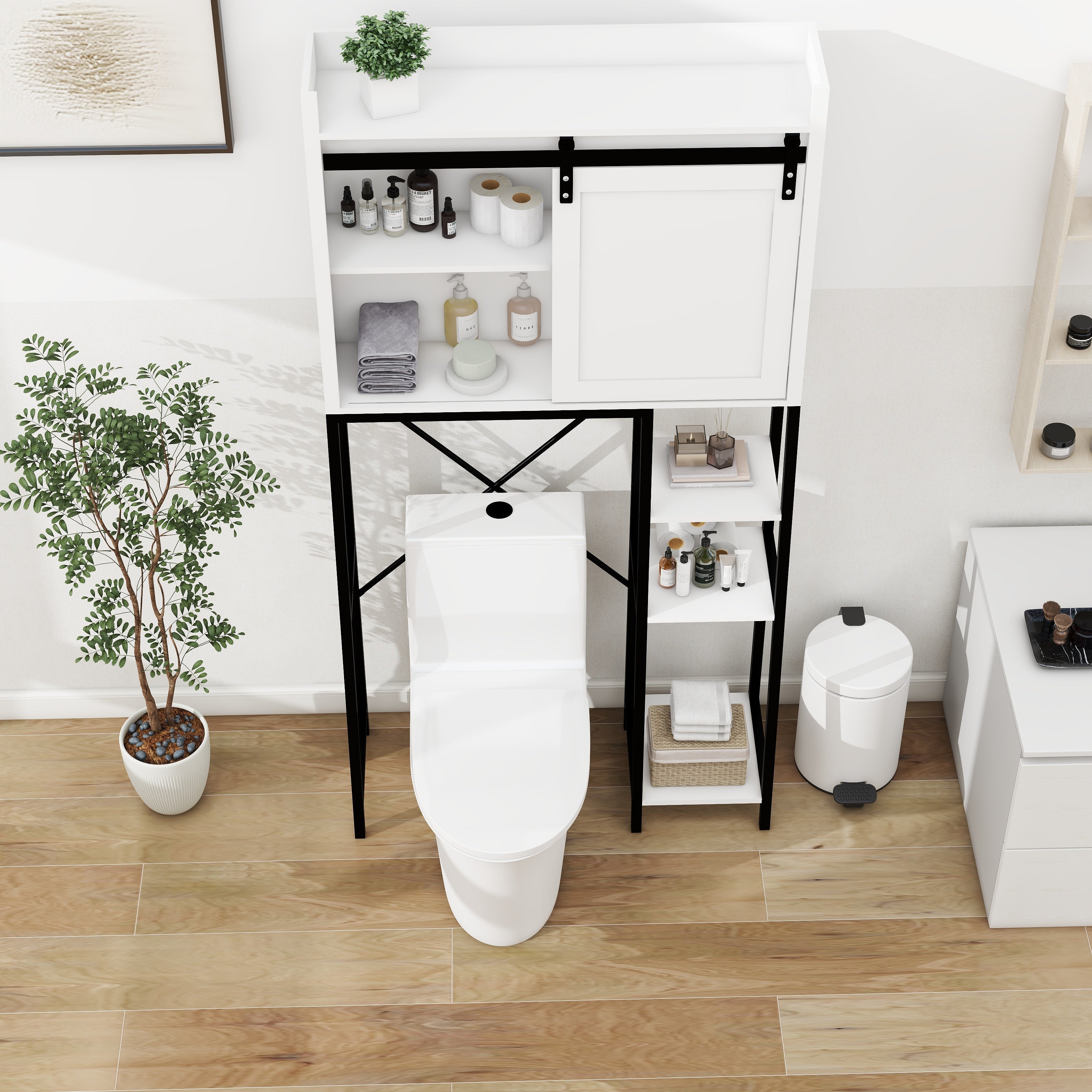 Toilettenschrank mit verschiebbarer Scheunentor & verstellbaren Regalböden – Weiß
