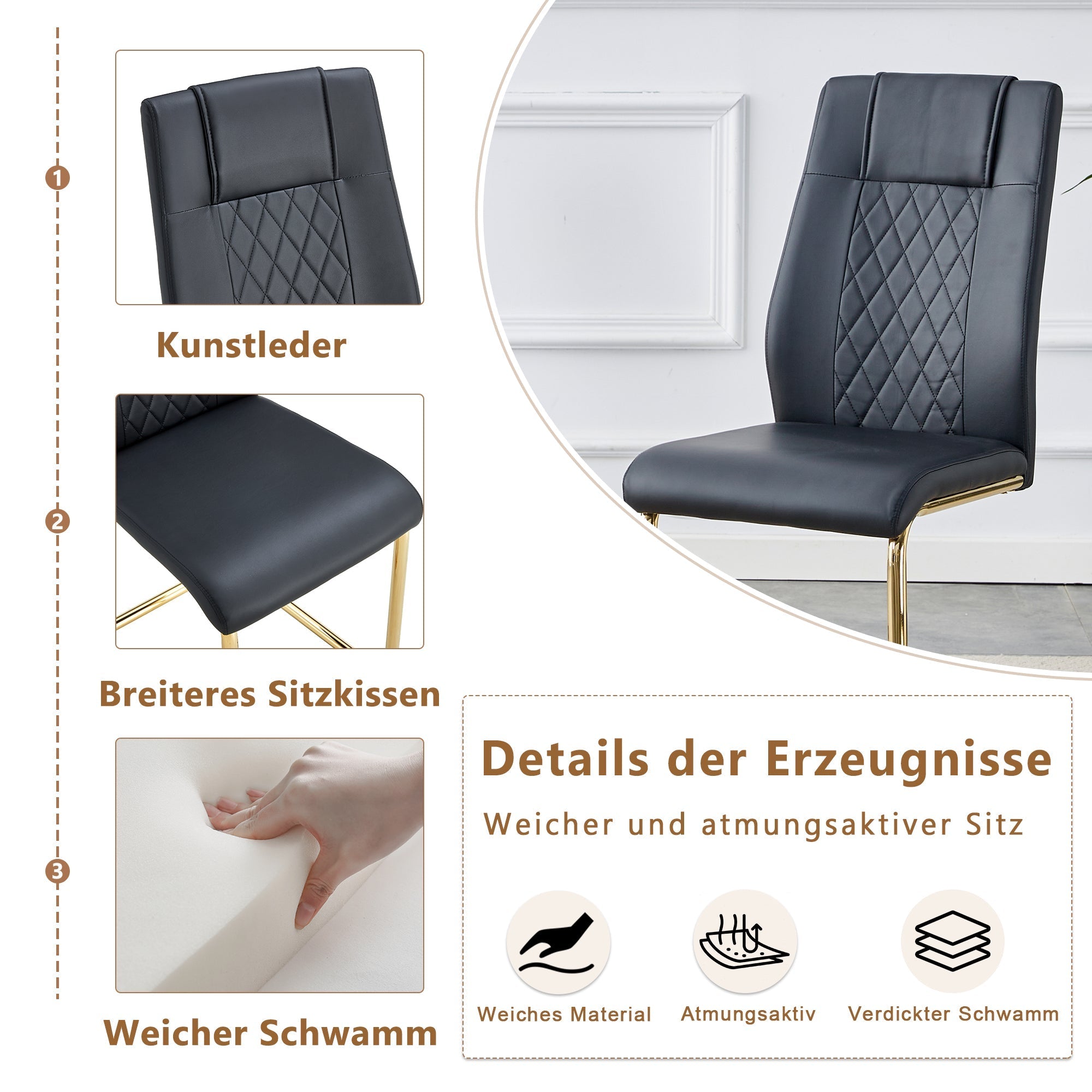 Scandinavian Dining Chairs Set of 4 Mesh Back Gold Metal Legs - Black PU Leather