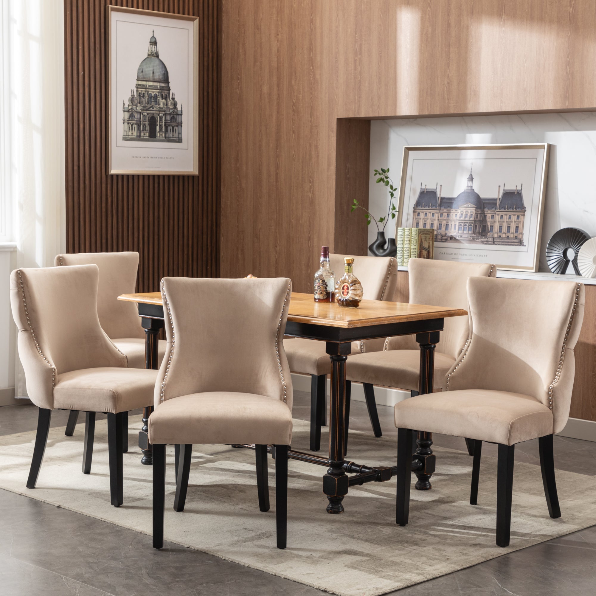 Dining Chair - Button Tufting, Solid Wood Frame - Beige Velvet (Set of 6)