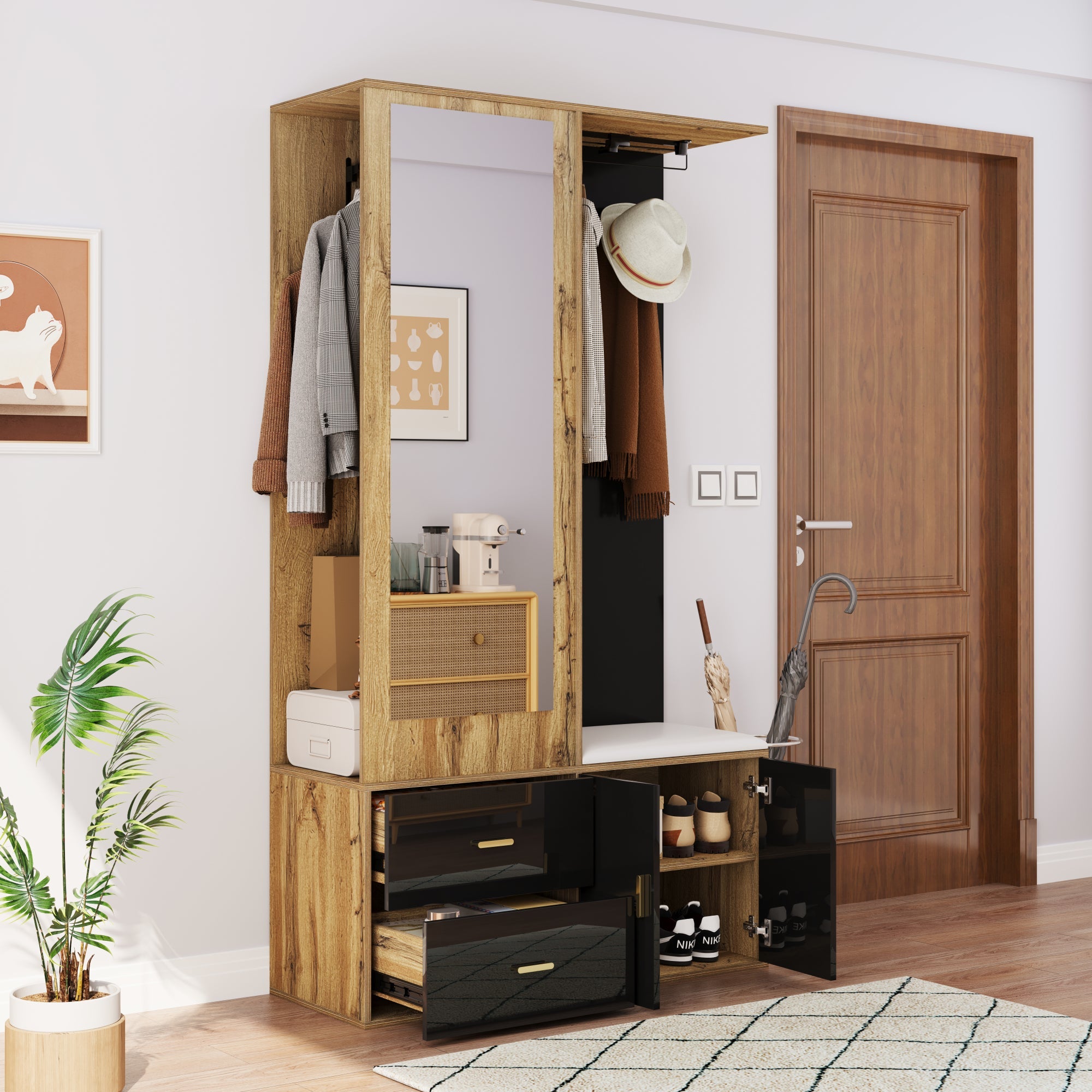 Wardrobe Set with Mirror, Shoe Cabinet & Bench, Black and Wood