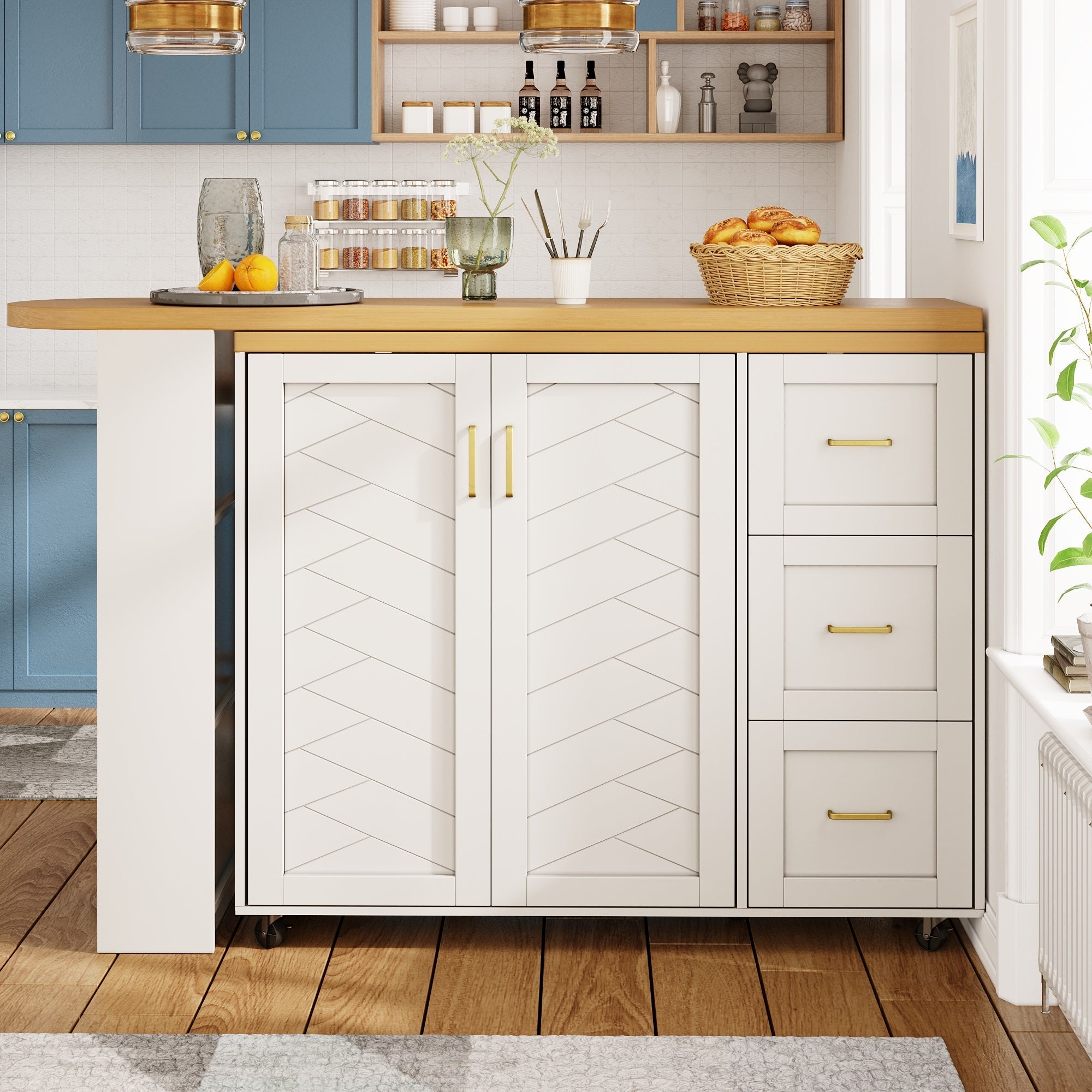Extendable Bar Cart 2 Doors 3 Drawers Rolling Worktop White/Black Wood Look