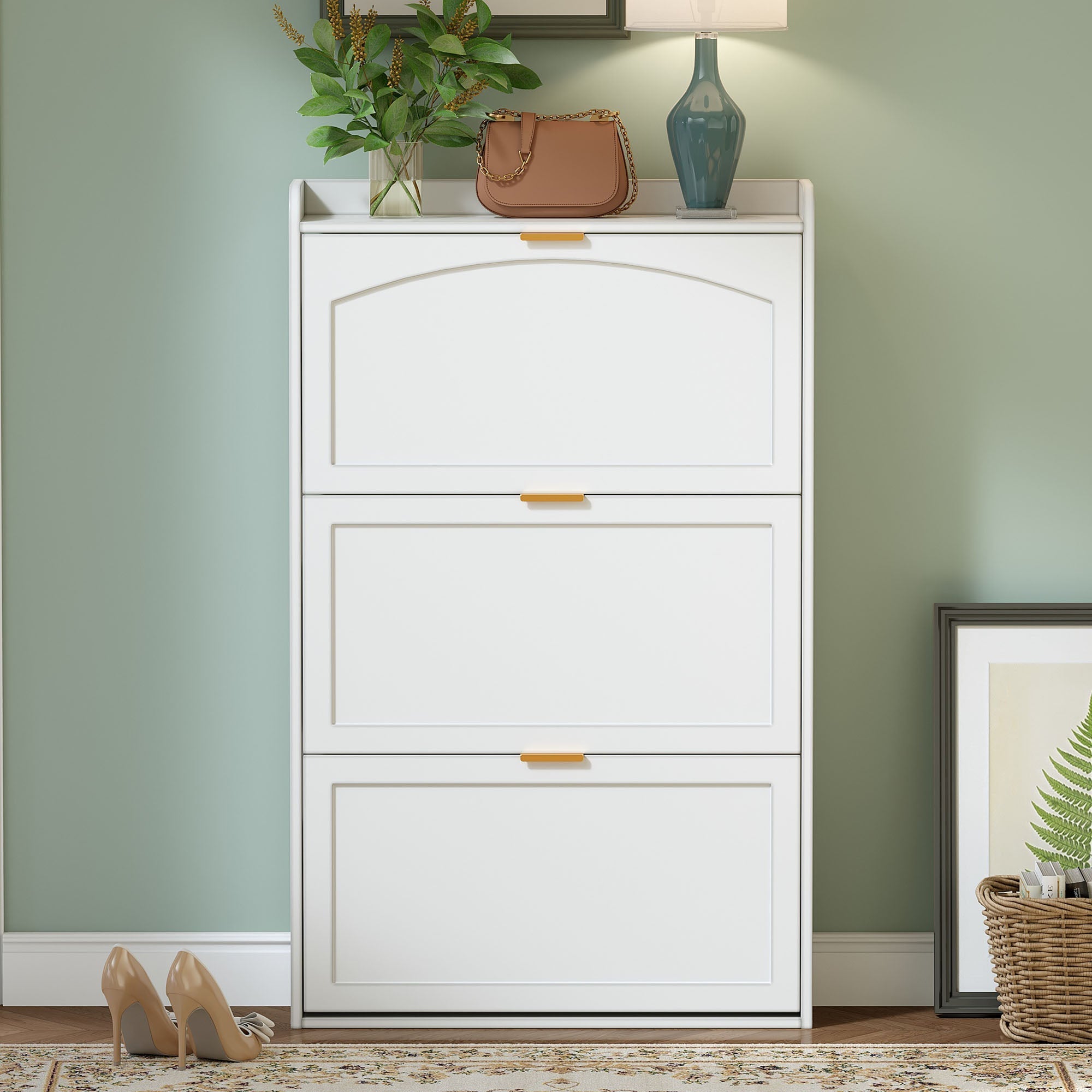 Narrow Shoe Cabinet 3 Flaps 76x23x118cm - White