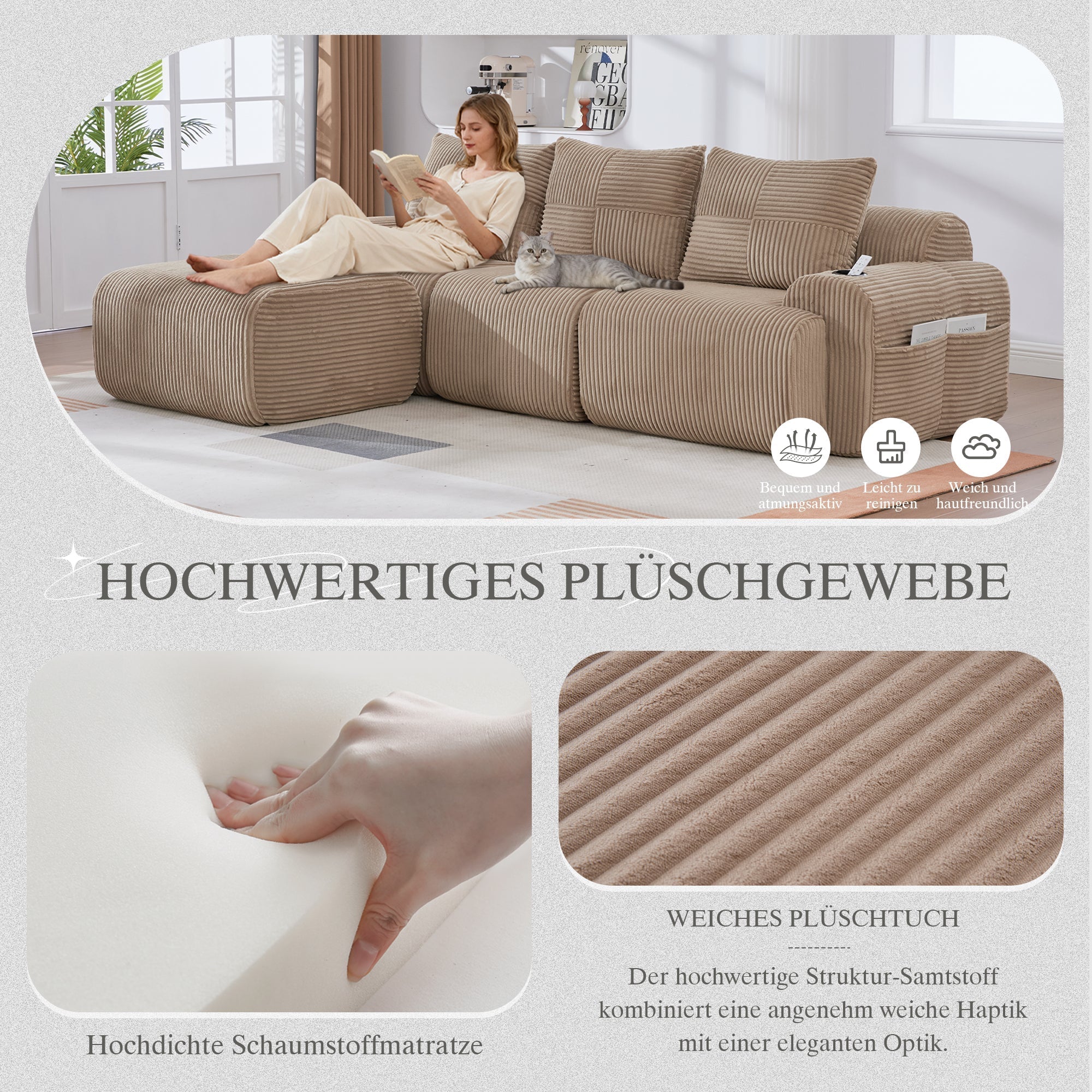 3-Seater Modular Sofa with Ottomans and Cup Holders, Khaki Corduroy
