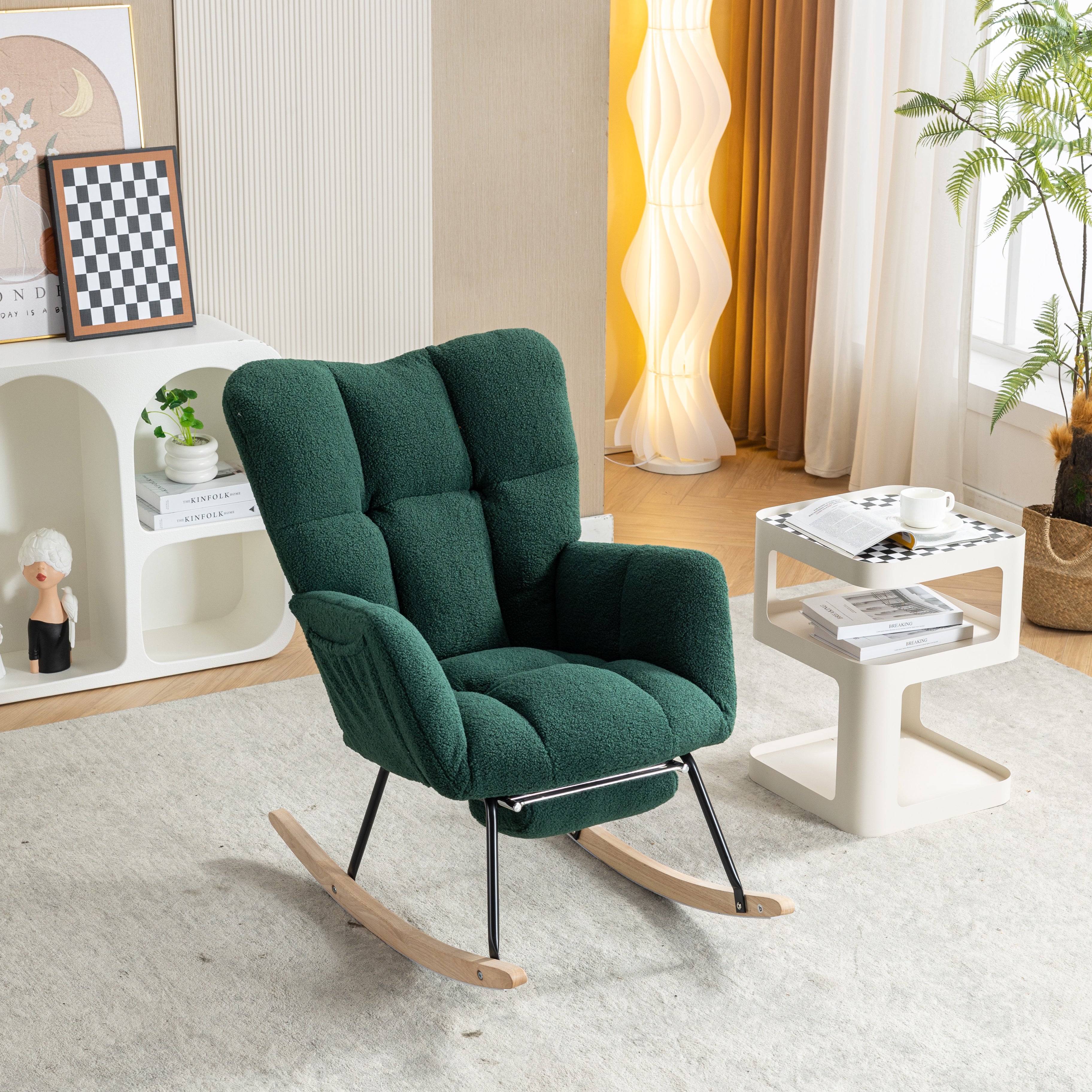 009B Rocking Chair, Modern Upholstered, Extendable Footrest, Green Teddy Fabric