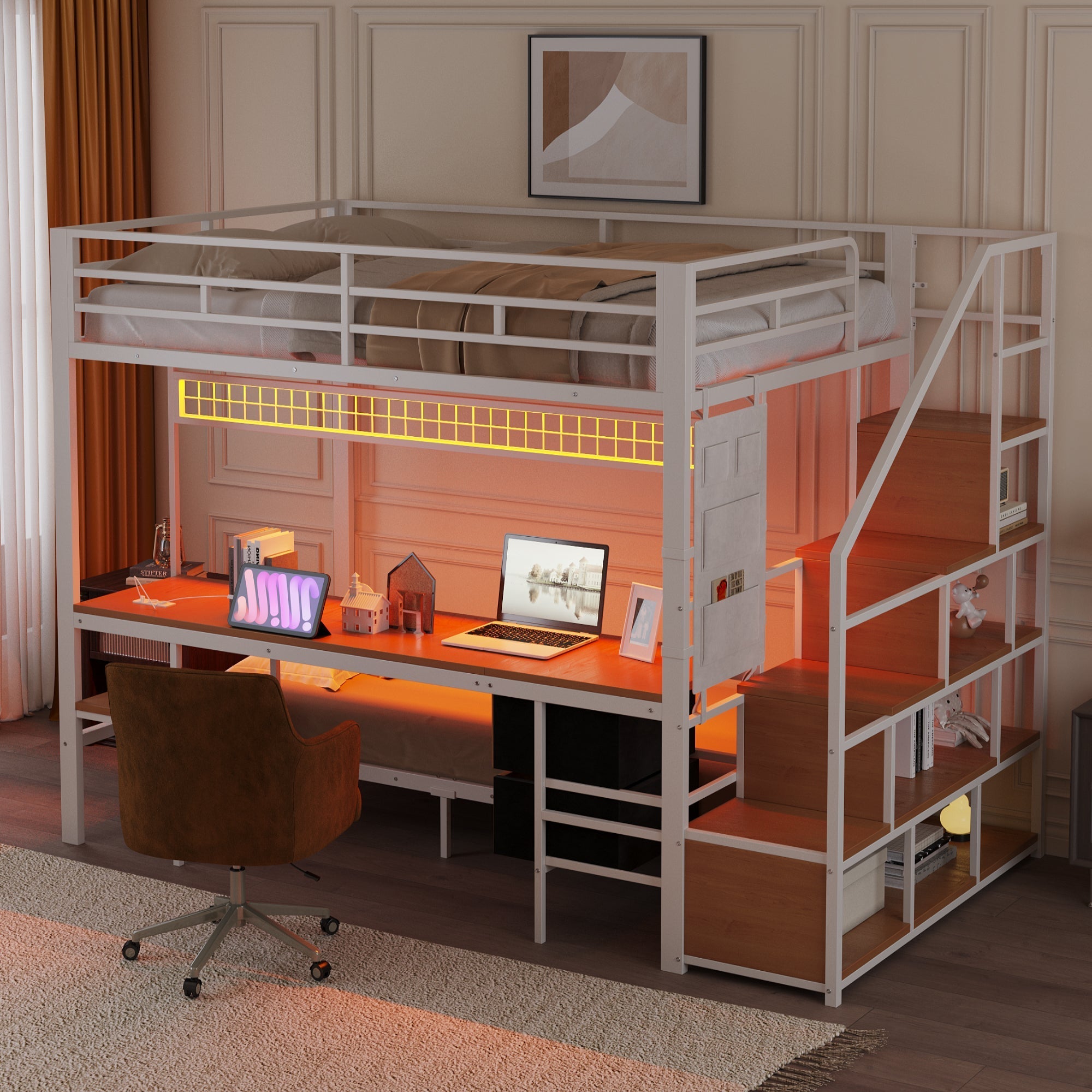 Metal Loft Bunk Bed with Desk LED Storage 140x200/90x200 White