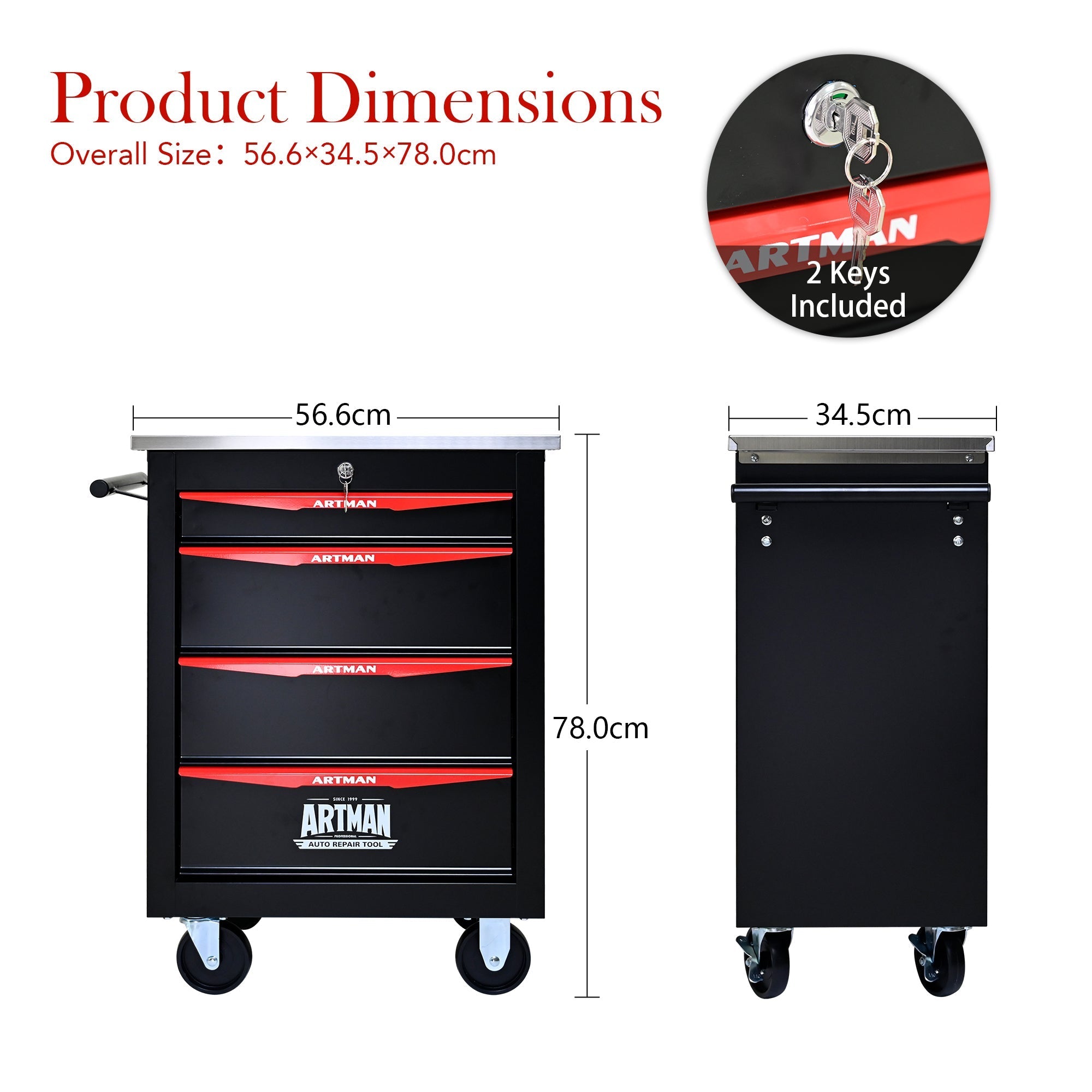 Tool Trolley 4-Drawer Metal Rolling Storage with Stainless Steel Roof Black & Red