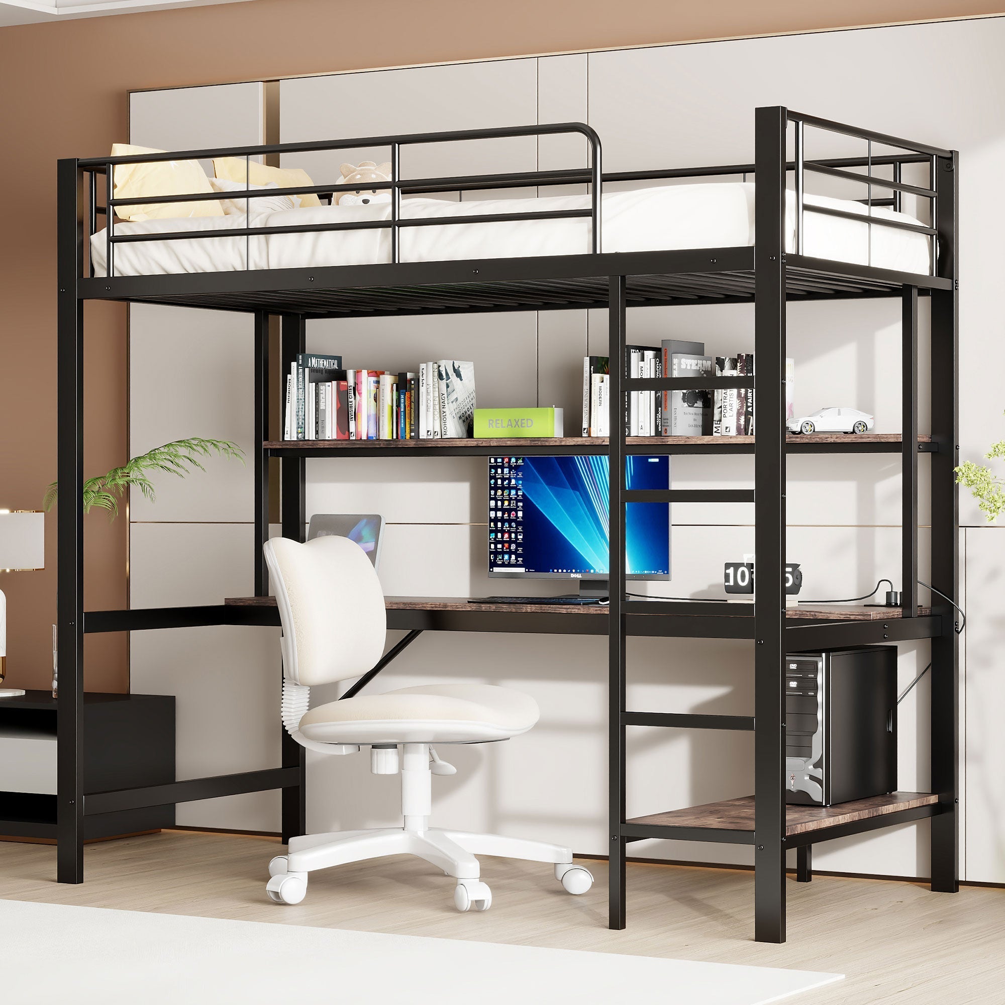 Loft Bed with Desk, LED Lights, USB and Power Outlet, Black Metal