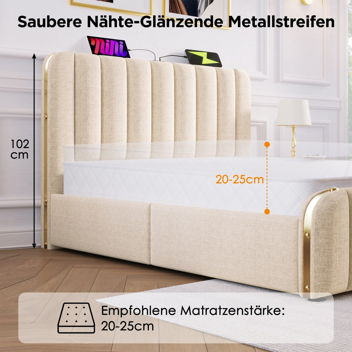 Upholstered Bed 180x200cm, Padded Headboard USB Type-C, 4 Drawers, Beige Linen