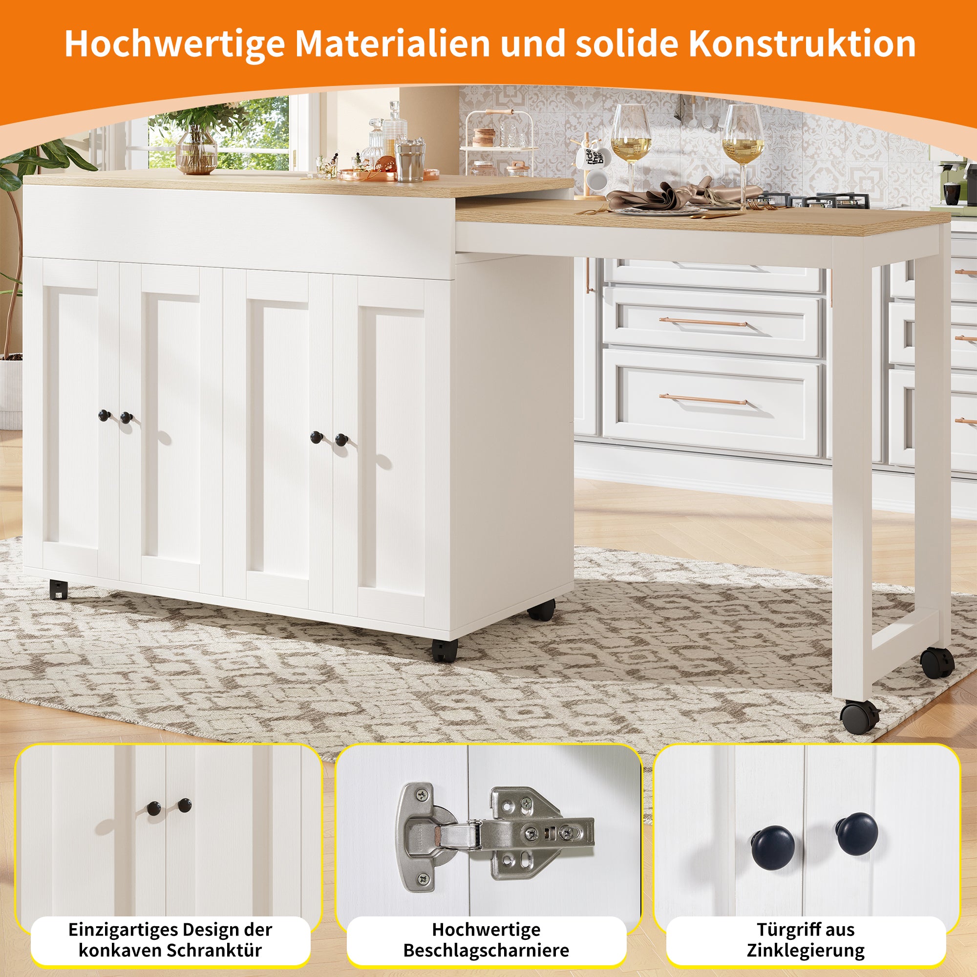 Extendable Bar Table Dining Table with Storage 6 Shelves - White